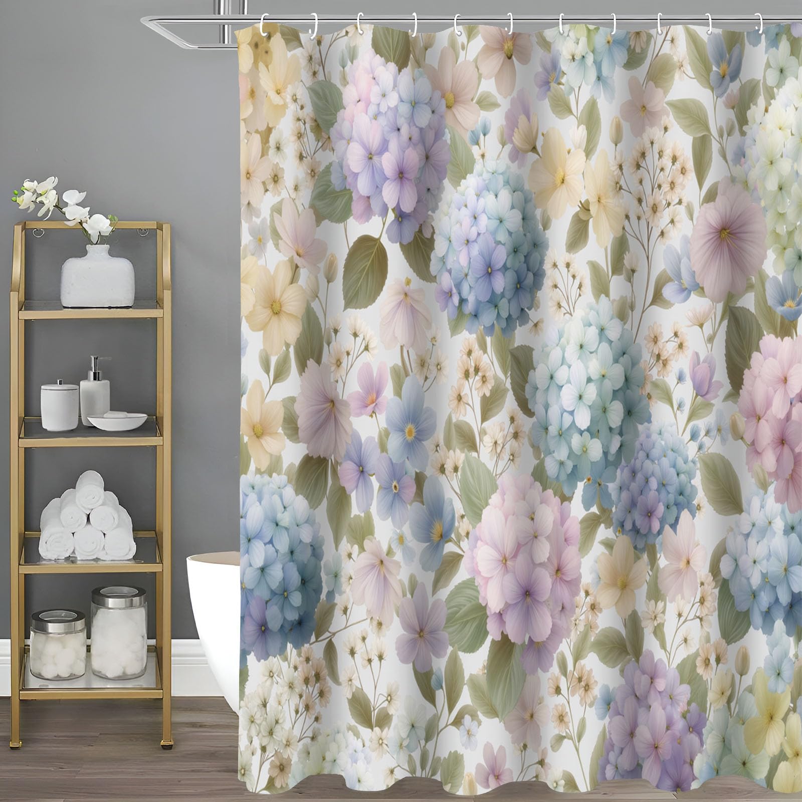 Hortensia Rideau de Bain Tissu Polyester Peinture à l'aquarelle Anti Moisissure Imperméable Lavable Rideaux Salle de Bain ，séchage Rapide 180 x 200 cm