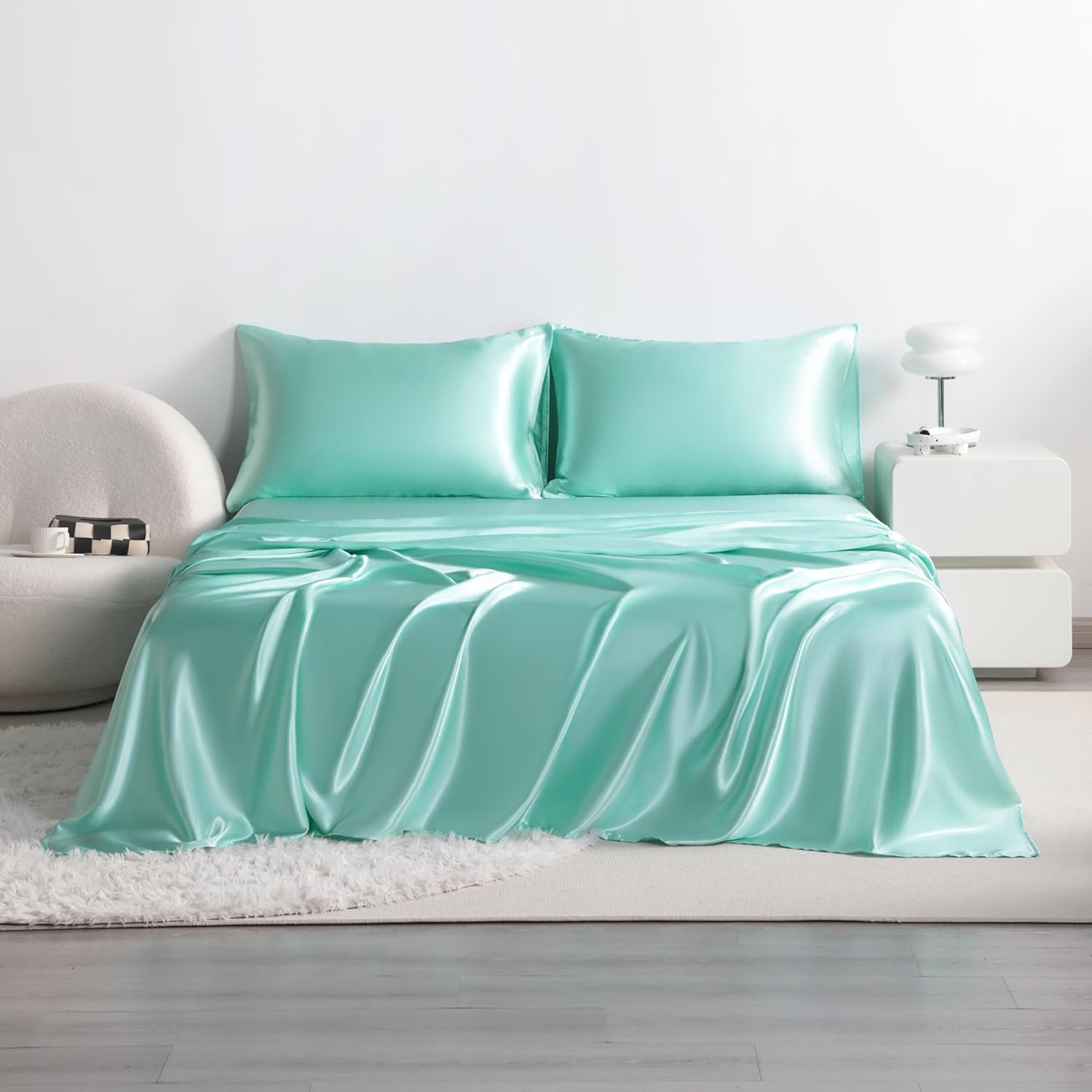 King Mint Green Satin Sheet Set - Luxury Soft Silky Bed Sheets Set for Hair and Skin, 4 Pieces Bed Set with 15" Deep Pocket Fitted Sheet, Flat Sheet & 2 Pillowcase, Non-Fading Wrinkle Resistant