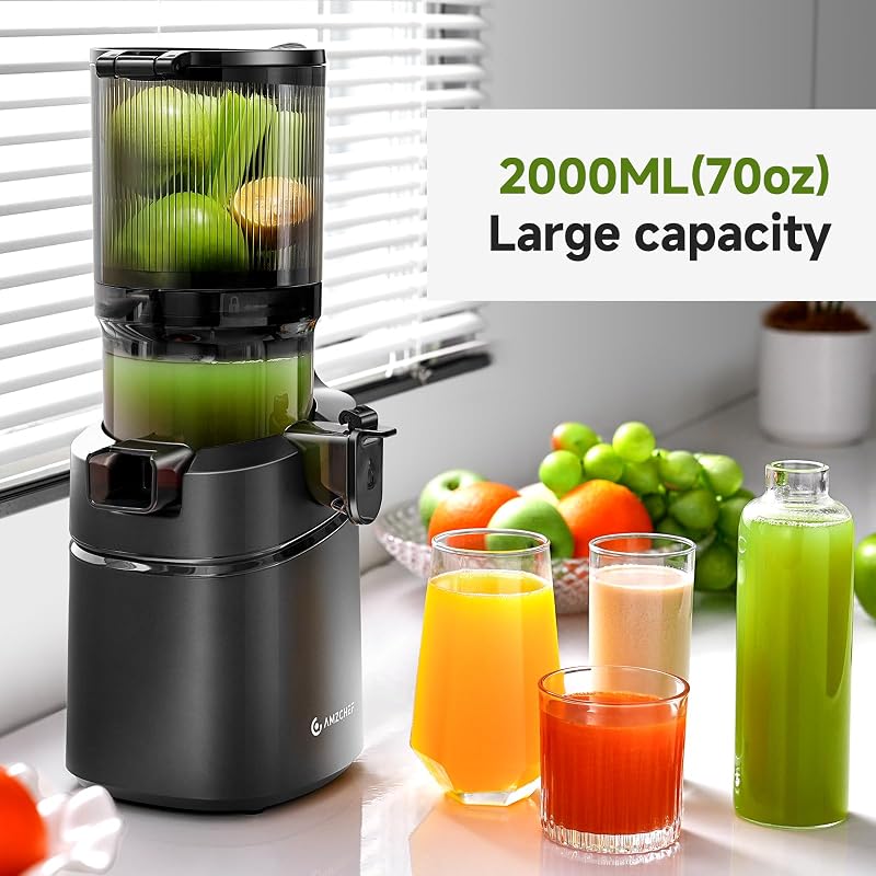 AMZCHEF 250W Automata Gyümölcsprés 1,8L Kapacitással - Széles 145mm Adagolónyílás, Hármas Szűrőrendszer, Hidegpréselés, Csendes Motor - Feke