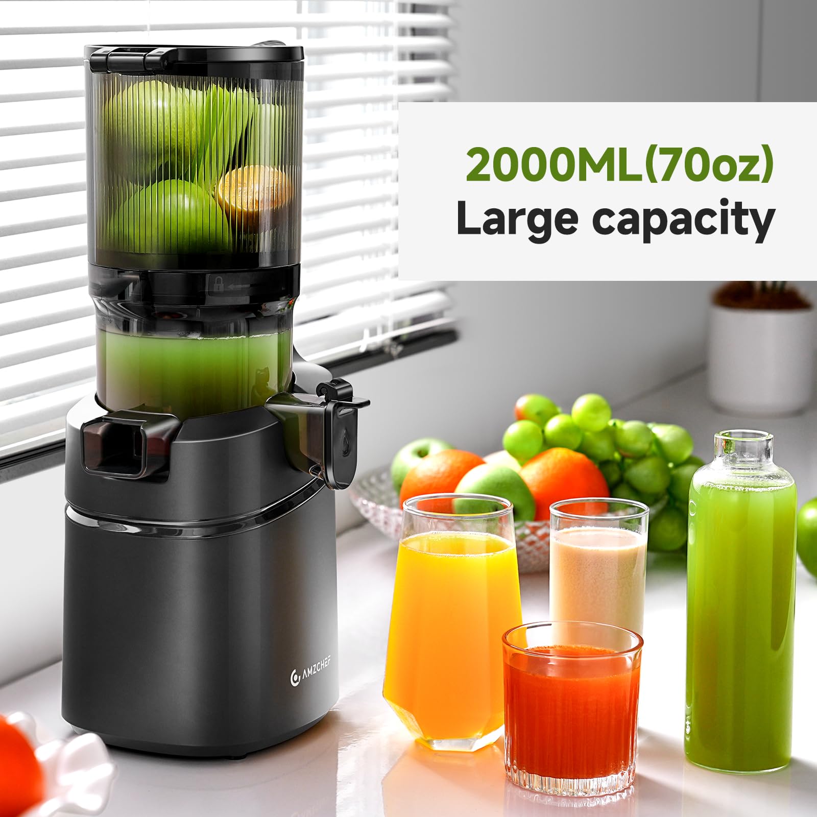 AMZCHEF Extracteur de jus automatique 250W 145mm 1,8L Noir Profond