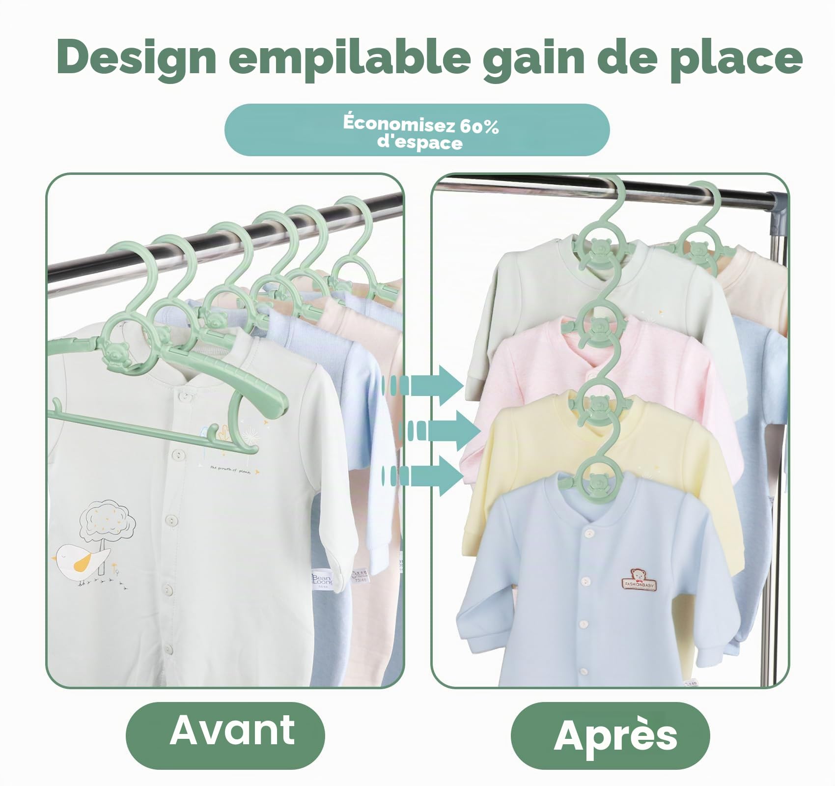 Anstore 20 Cintres en Plastique pour Enfants, 29-37cm Cintres Extensibles pour Bébé avec Crochets Empilables, Cintres Enfant pour économiser de l'espace, Antidérapants Cintres pour Vêtements (Vert)