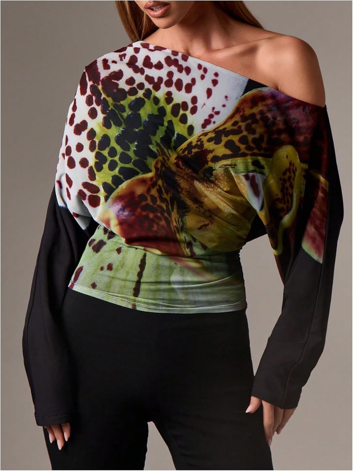 SweatyRocks Women's Off The Shoulder Floral Print Cinched Waist Tops Long Sleeve Ruched Mesh Going Out Tees - Image 2