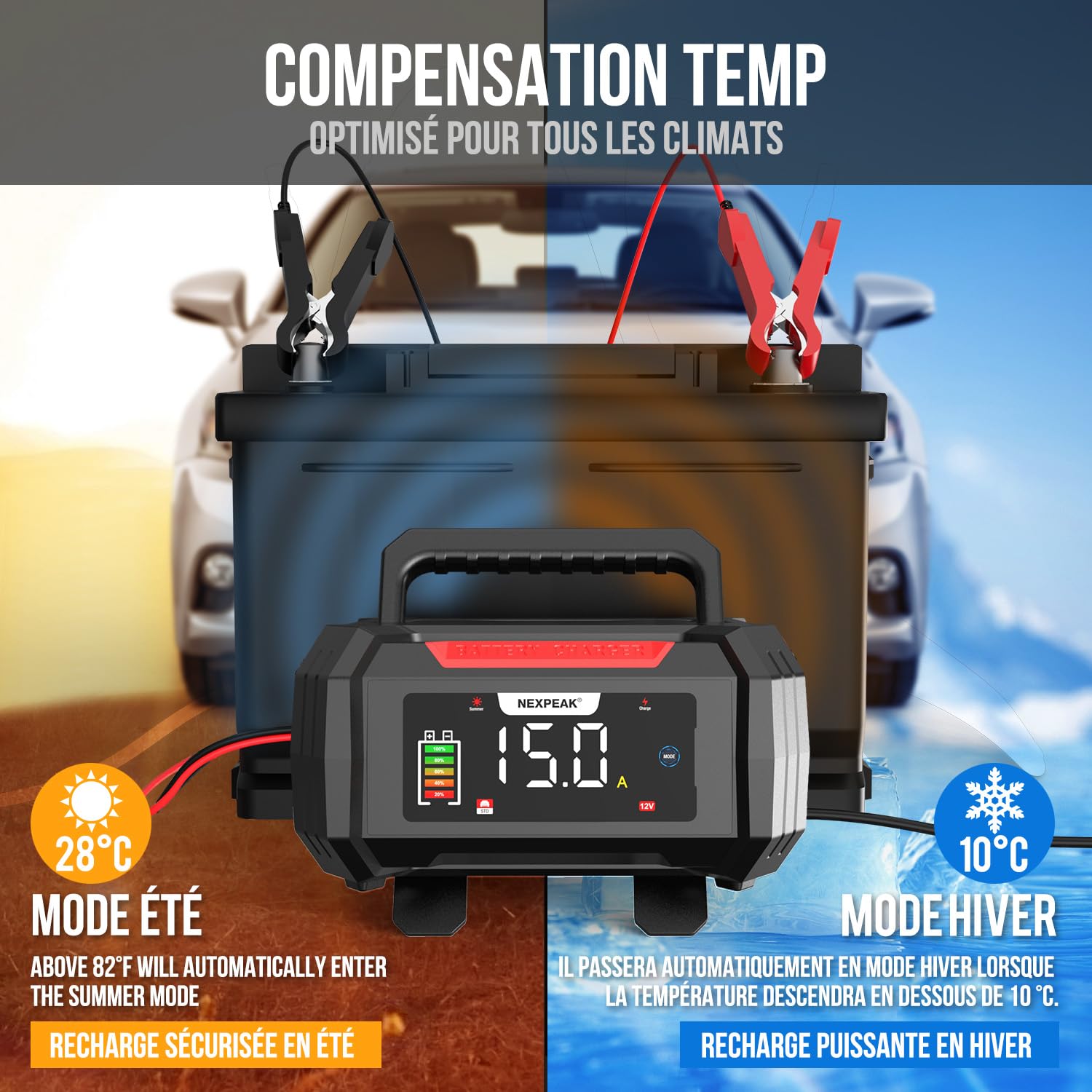 15A Chargeur de Batterie de Voiture, NEXPEAK NC315 12V/24V Chargeur de Batterie Rangement des câbles Intelligent Automatique avec Compensation de Température pour Les Batteries Plomb-Acide et LifePO4