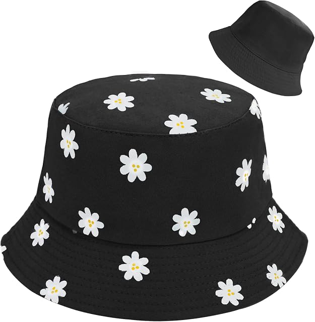 LADES Bucket Hat Women - Reversible Cotton Fisherman Hat Beach Sun Foldable Double-Sided Bucket Hats Daisies Print Aesthetic Cap for Women Teens Traveling Outdoor