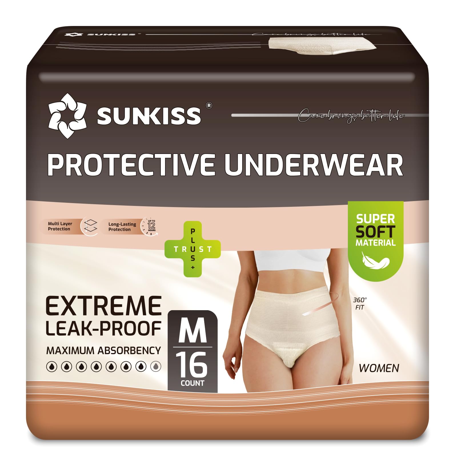 SUNKISS Pañales Adultos Mujer, Bragas Desechables Incontinencia y Postparto, Ropa Interior Absorbente Máxima Protección, Color Beige, Talla M, 16 Unidades