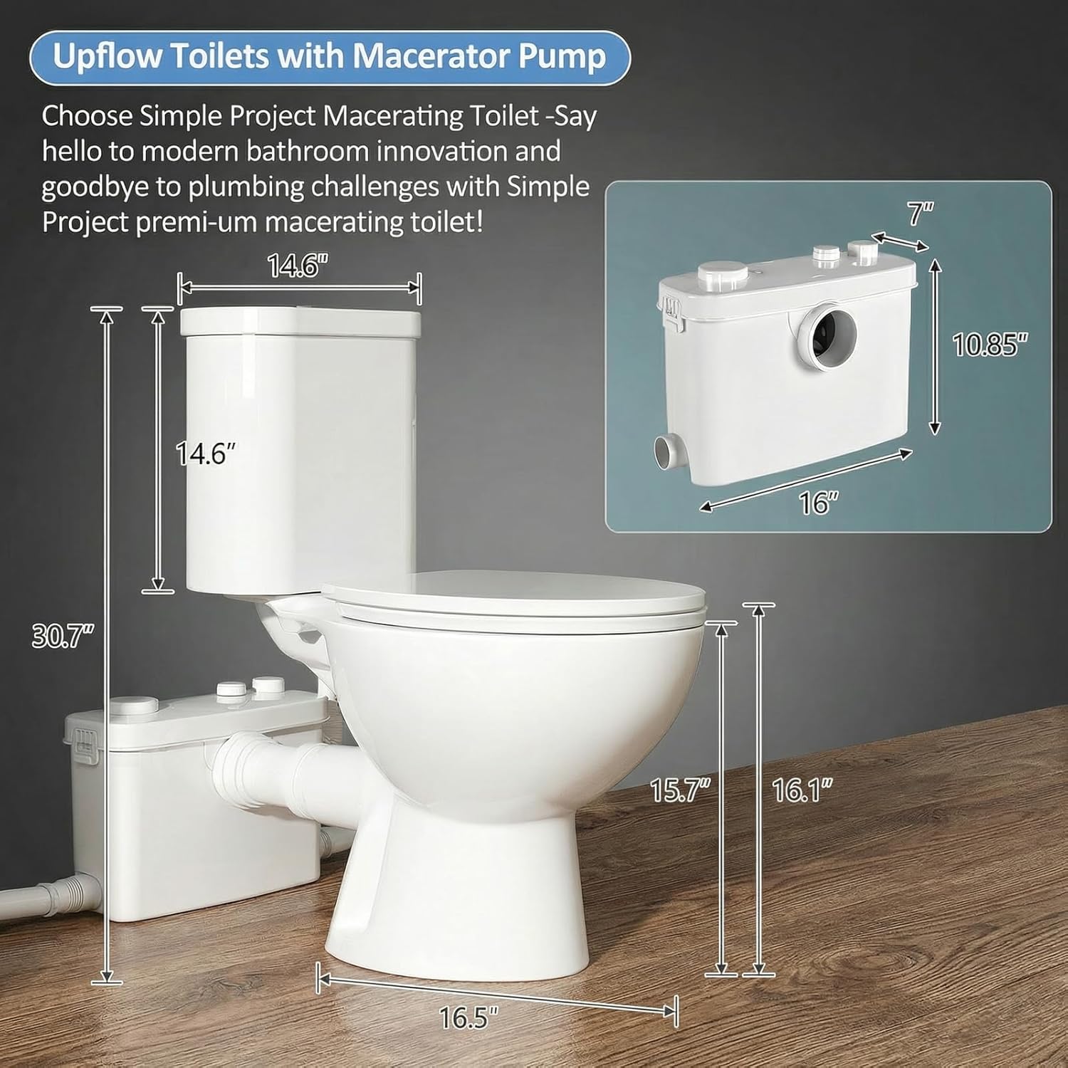 500W Upflush Toilet System, Macerating Toilet Kit, Powerful Sewage Pump Toilet, White Ceramic Siphon 1.6GPF Flush Toilet for Bathroom, Basement, Garage, No Plumbing Renovation Needed