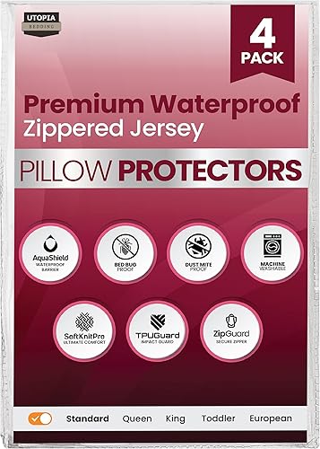 Utopia Bedding Set of 4 Waterproof Pillow Protectors with Zipper Standard Size (White), Ultra Soft Pillow Covers, Bed Bug and Dust Mite Proof Pillow