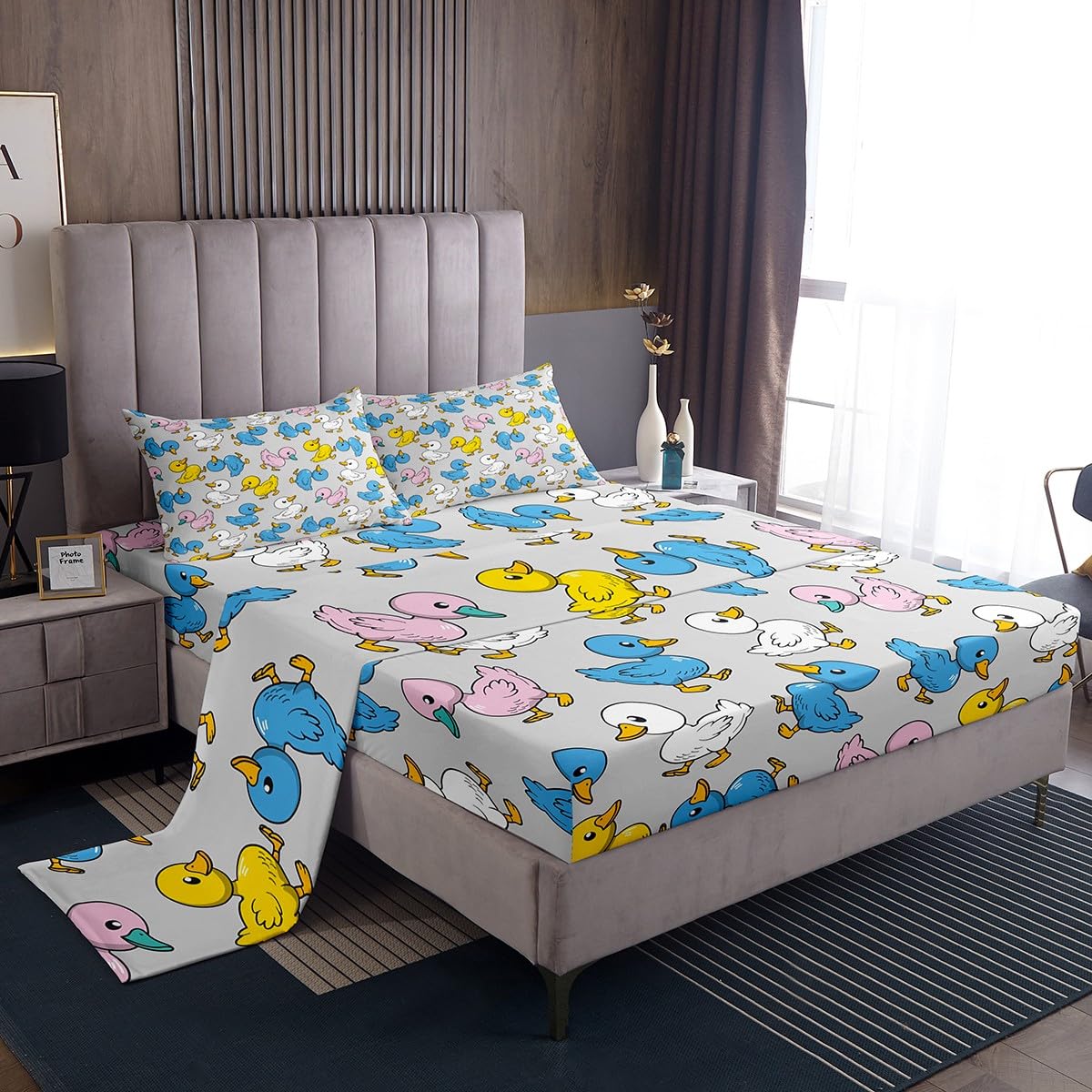 Erosebridal Cartoon Duck Bed Sheets for Kids Boys Girls,Colorful Lovely Duck Sheet Set,Cute Hand Drawn Goose Bedding Set Queen,Lovely Farmhouse Animal Fitted Sheet + Flat Sheet + 2 Pillow Shams