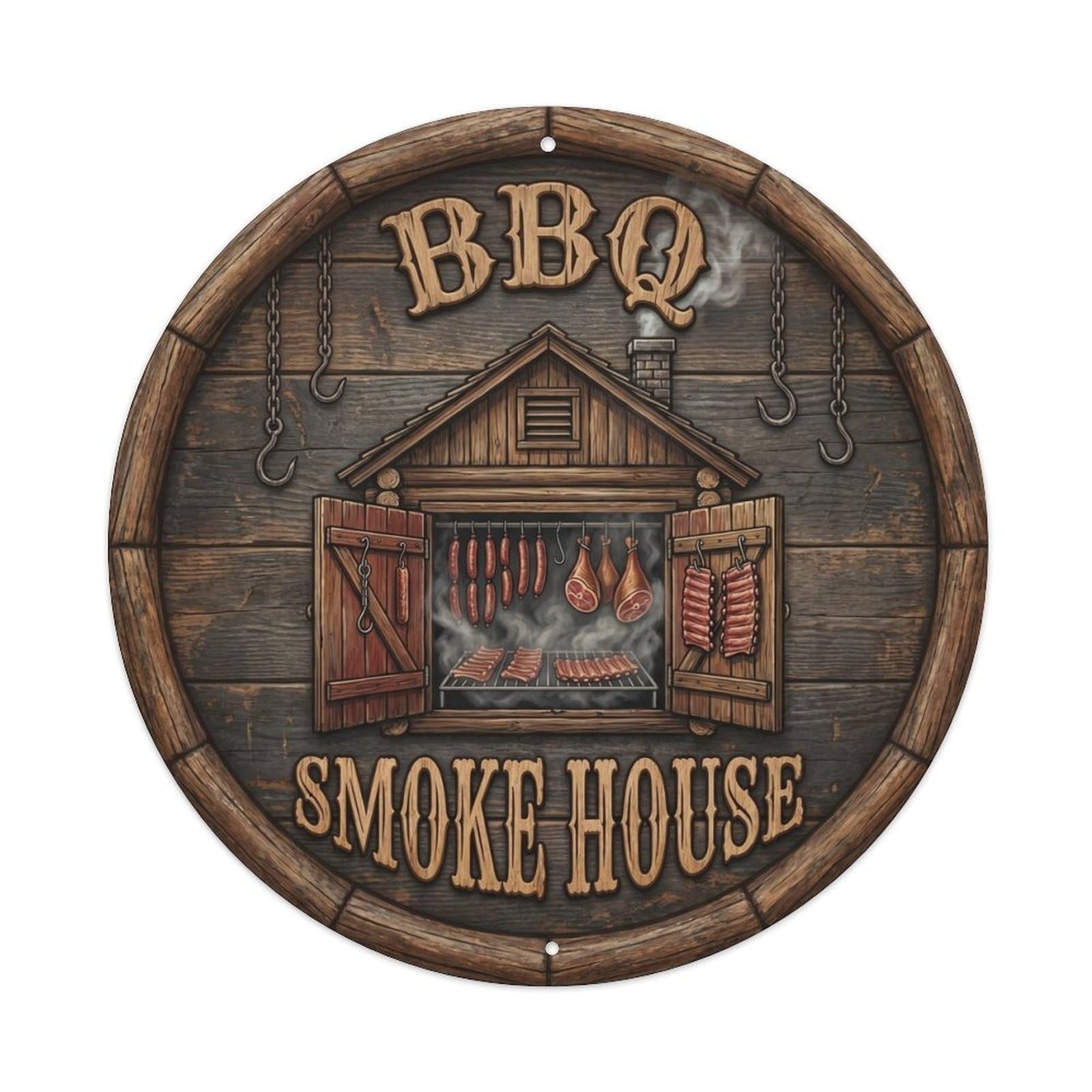 BBQ Barbecue Smoke House Vintage Metal Tin Sign Plaque Wall Decor for Cafe, Club, Garden Round Metal Poster 8x8Inch