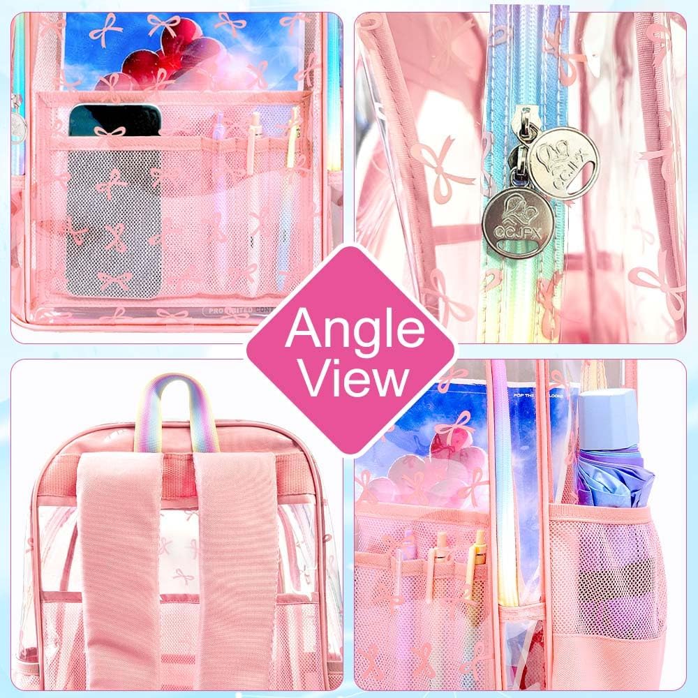 AGSDON 3PCS Bow Clear Backpack for Girls, 17" Transparent School Bag with Lunch Box and Pencil Case, Cute water resistant Bookbag for Teen- Pink