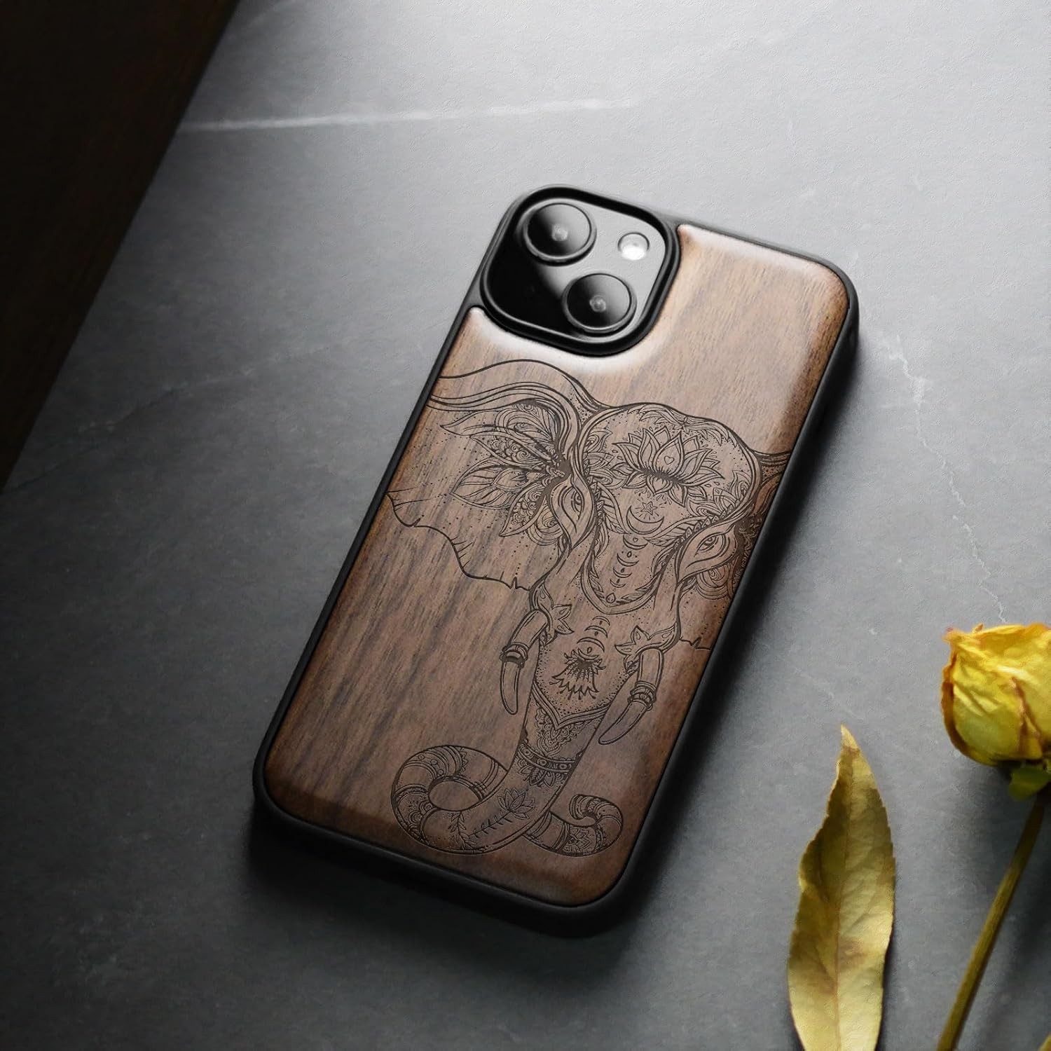 Carveit Magnetic Wood Case for iPhone 14 Plus - Natural Wood & Black Soft TPU - Shockproof Protective Cover - Unique & Classy Wooden Case - Compatible with MagSafe (Mandala Elephant -Walnut)