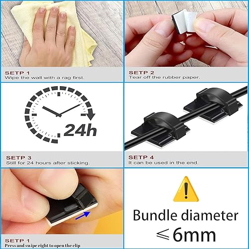 Miniatura 5 de Clips adhesivos para cables de gestión de cables, 50 unidades, color negro, adecuado para cables con un diámetro de  0.236 in en automóviles, casas