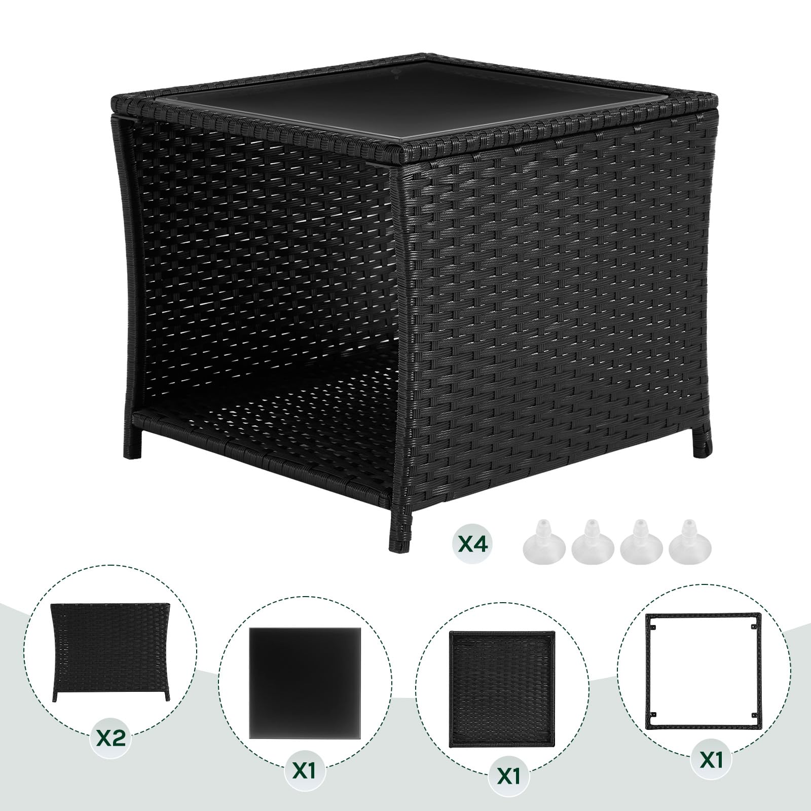 WOLTU Polyrattan Gartentisch, 45x40x45 cm, Beistelltisch mit Glasplatte offenem Fach, Balkontisch wetterfest, Terrassentisch, Outdoor Tisch, Schwarz