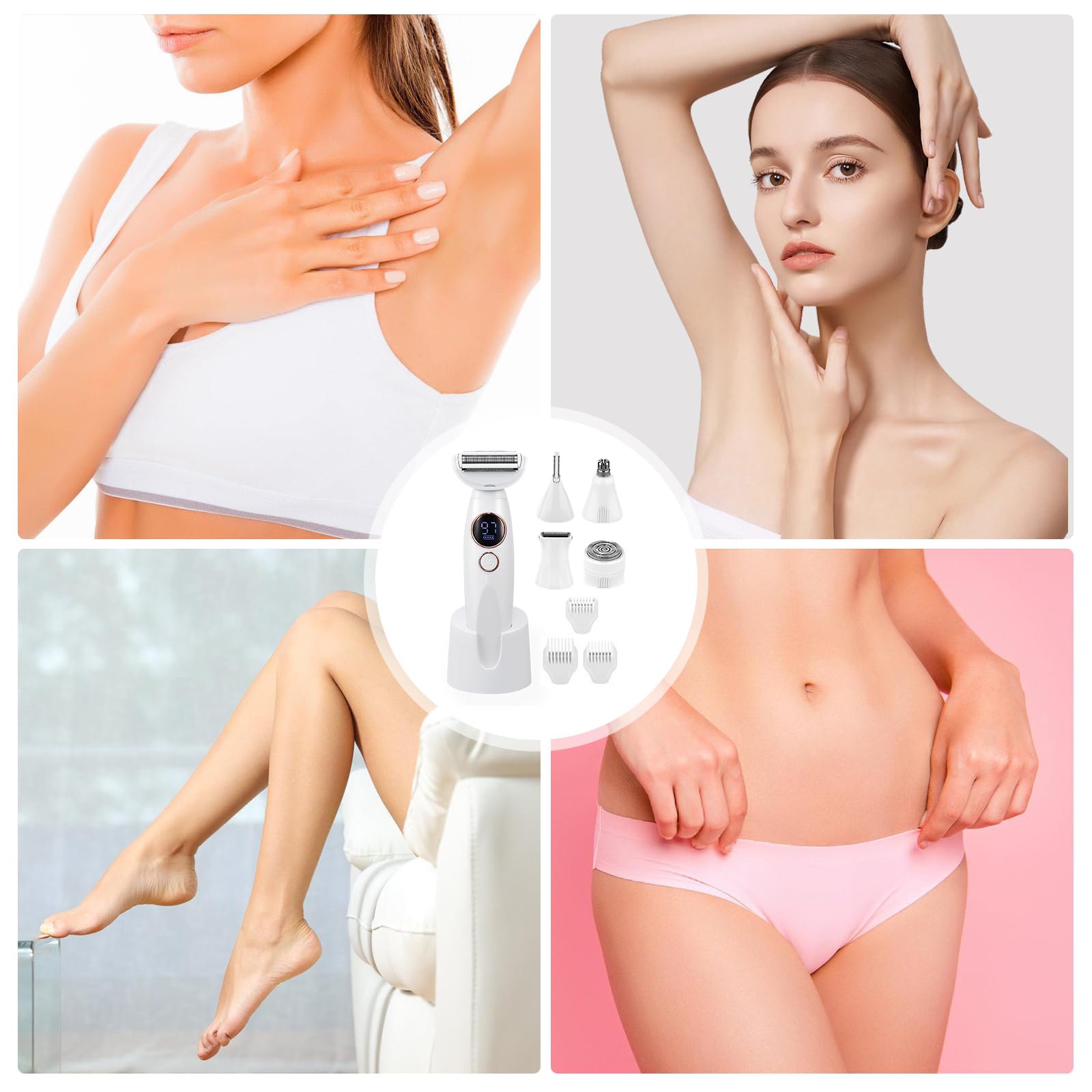 Rasoio elettrico da donna 5 in 1 rasoio intimo da donna IPX7 impermeabile per rasatura bagnata e asciutta, ricaricabile con USB, trimmer per zona bikini, ascelle, gambe e viso