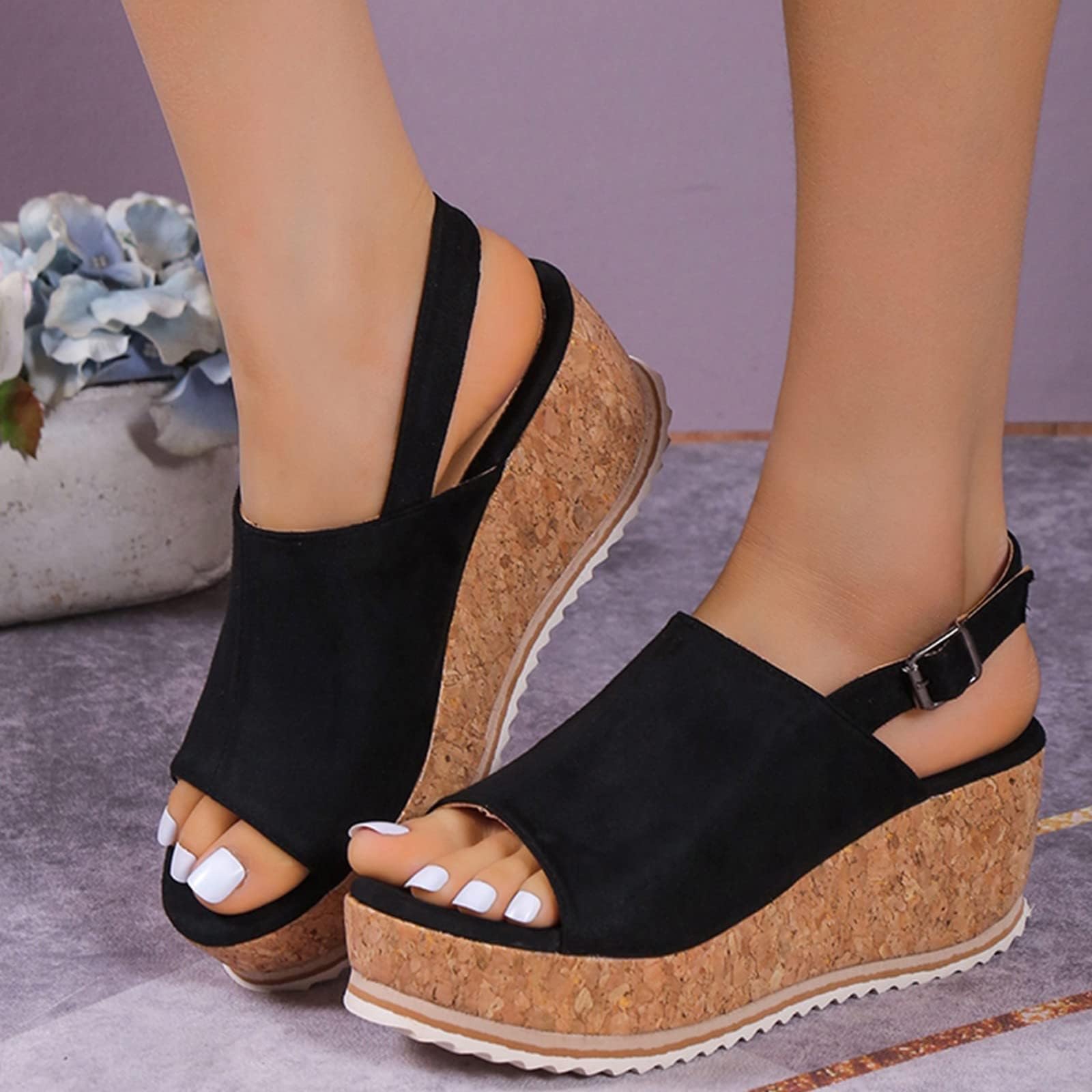 Sandali Donna Platform Wedge Peep Toe Slingback Cork Scarpe da Spiaggia | Donna Estate Casual Tacchi Fibbia Sandali Slip On Platform Slides Sandali Scarpe Passeggiata Dressy Beach