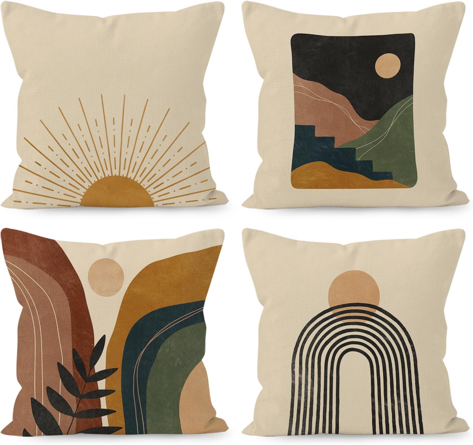 HUYAW Boho Throw Pillow Covers 18x18,Boho Sun Sunset Sunrise Rainbow Mountain Throw Pillows Covers, Abstract Pillow Covers Cover for Bed Couch Room Sofa Decor Set of 4