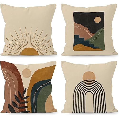 HUYAW Boho Throw Pillow Covers 18x18,Boho Sun Sunset Sunrise Rainbow Mountain Throw Pillows Covers, Abstract Pillow Covers Cover for Bed Couch Room Sofa Decor Set of 4
