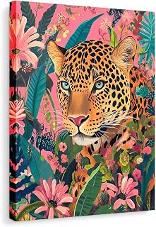 Tropical Leopard Wall Art, Colorful Jungle Poster, Pink Floral Animal Decor for Living Room Bedroom Office 11x14in Wood Frame