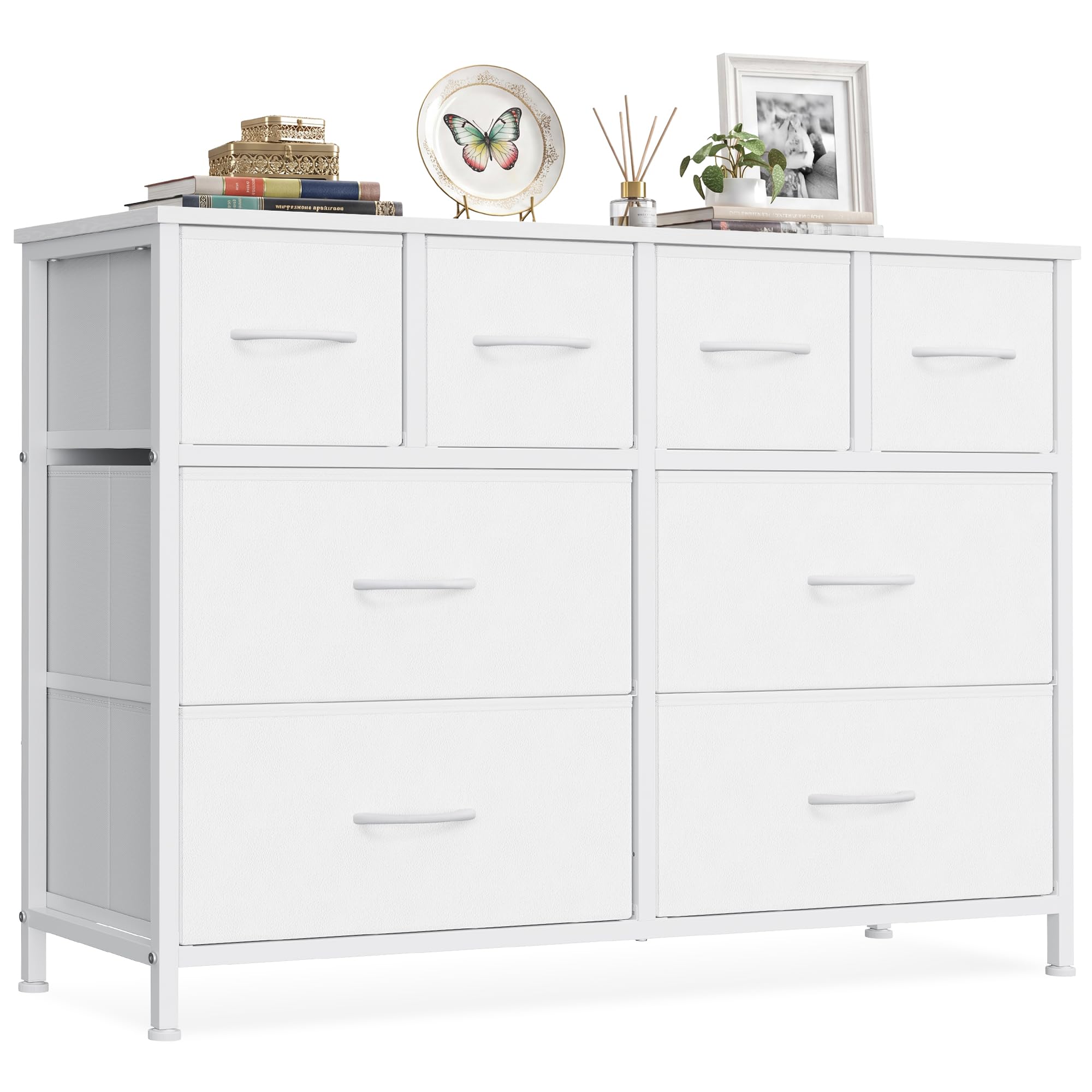 SONGMICS Commode avec 8 Tiroirs, Cadre en Acier, 98,7 x 30 x 74,7 cm | Meuble de Rangement, Tiroirs en Tissu, pour Chambre, Salon, Blanc nuage, Collection BELLAH LGS234W101