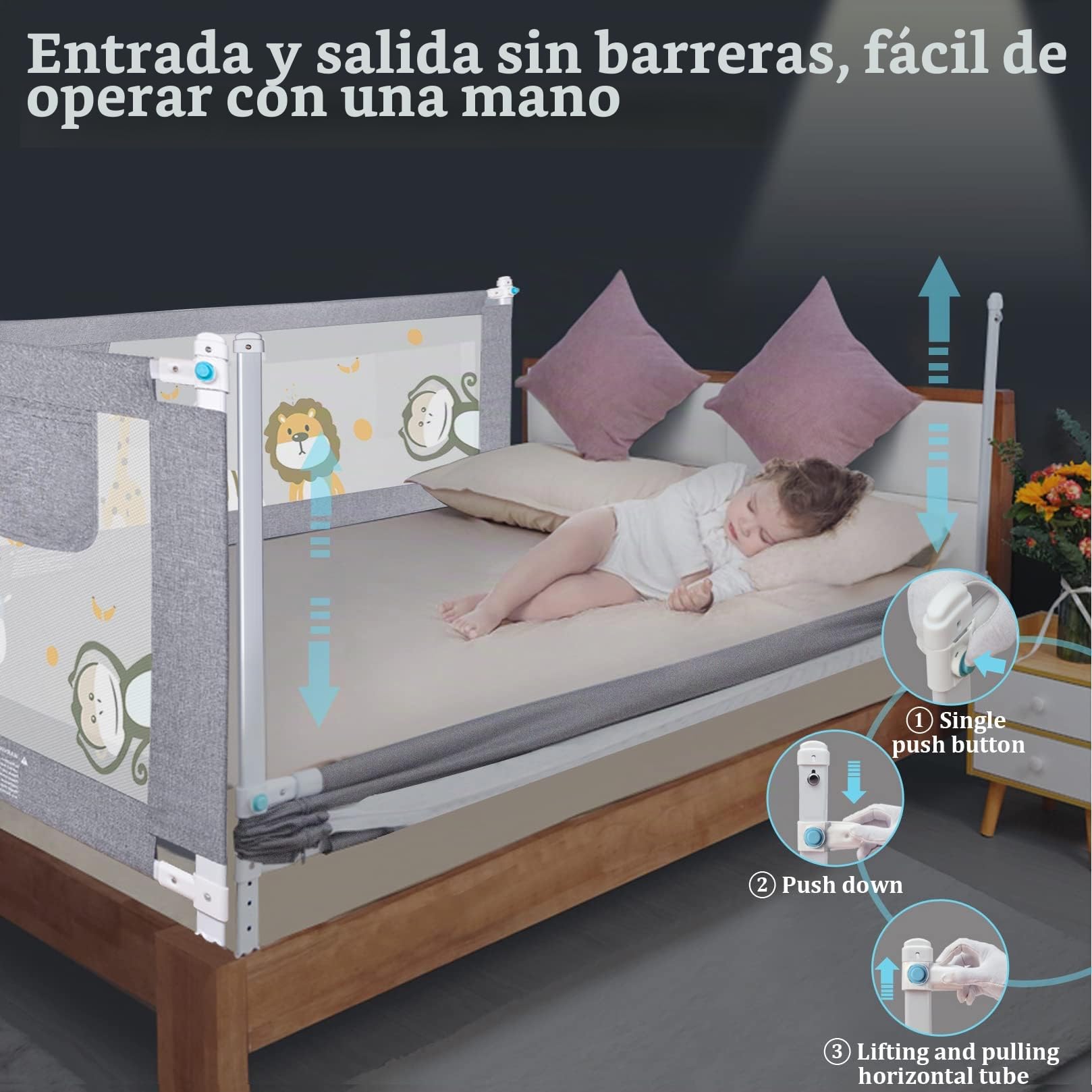 Barrera Seguridad Cama Niños Portatil 200cm, Barandilla Cama Niños Anticaída con Elevación Vertical/Doble Cierre De Seguridad/Ajustable En Altura Barrera Cama - 1 Lado