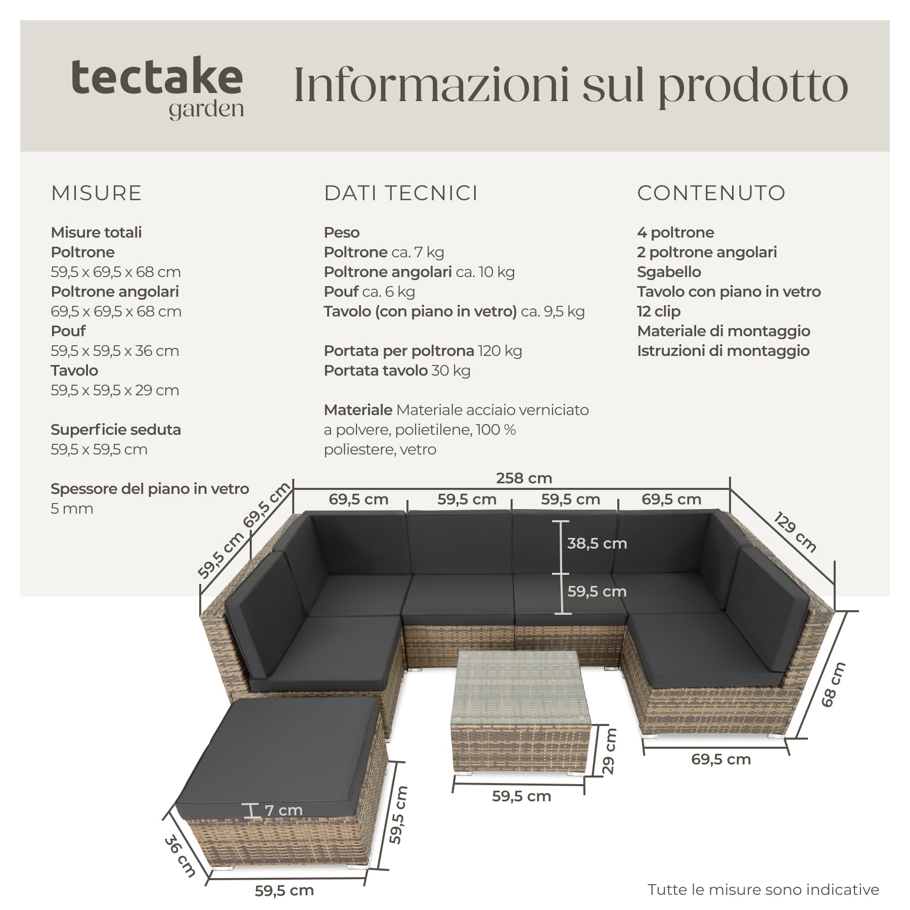Tectake Set di Salottino in Rattan Venezia 6 Sedili 1 Sgabello 1 Tavolino Resistente alle Intemperie Viti in Acciaio Inox Giardino Esterno