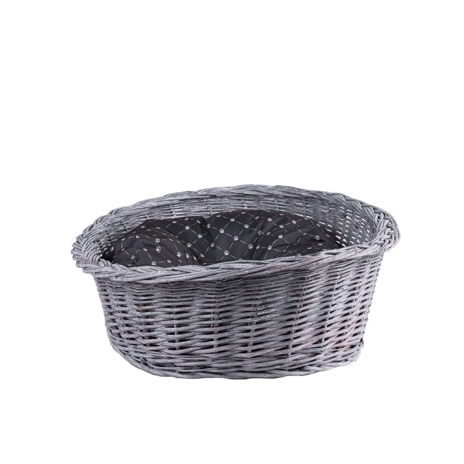 Cesta para perros de mimbre para perros y gatos, cama para perros y gatos, cama con cojín, cesta para animales trenzada, cesta para gatos (gris_negro, 80 x 60 cm, altura 26)