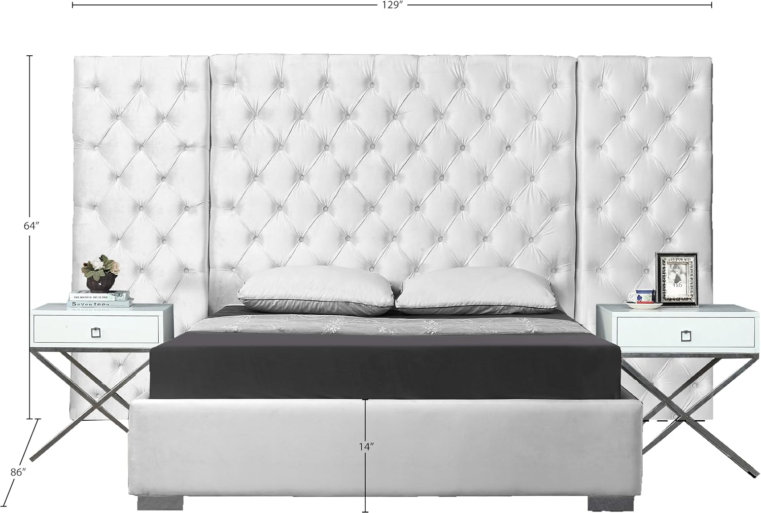Meridian Furniture Grande Collection Modern | Contemporary Velvet Upholstered Bed with Luxurious Deep Button Tufting and Stainless Steel Legs in Polished Chrome Finish, White, King