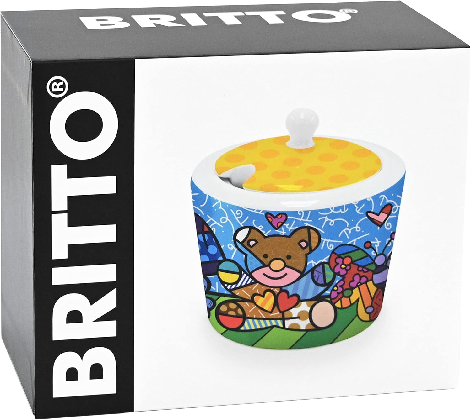 Britto Bone China Sugar Bowl with Lid, 10.4 oz, Best Friends Design - Coffee Bar Accessories, Seasoning Pot Box, Ceramic Salt Pepper Organizer, Farmhouse Kitchen Decor
