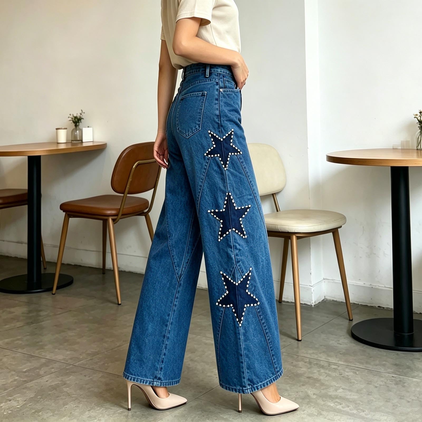 Lässige Jeans mit fünfzackigem Sternmuster, locker geschnitten und geradem Bein