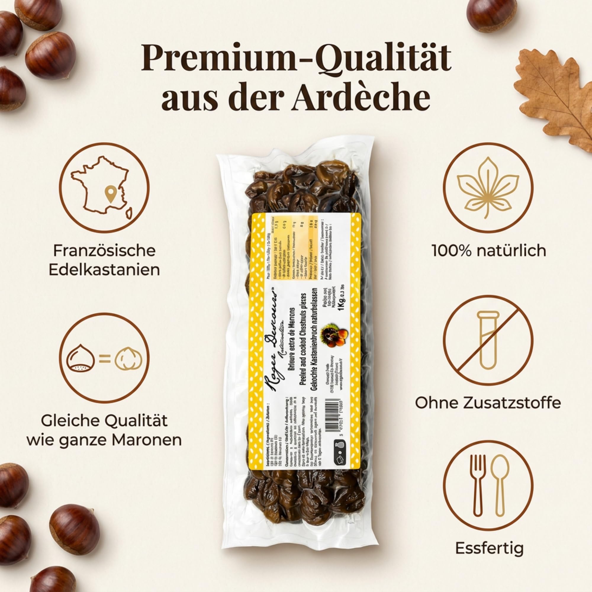 Gekochte Maronenbruch Edelkastanien 1kg – Geschält, Essfertig & Natürlich | Perfekt als Beilage und für Suppen, Füllungen & Desserts – Ohne Zusatzstoffe, Lange Haltbarkeit
