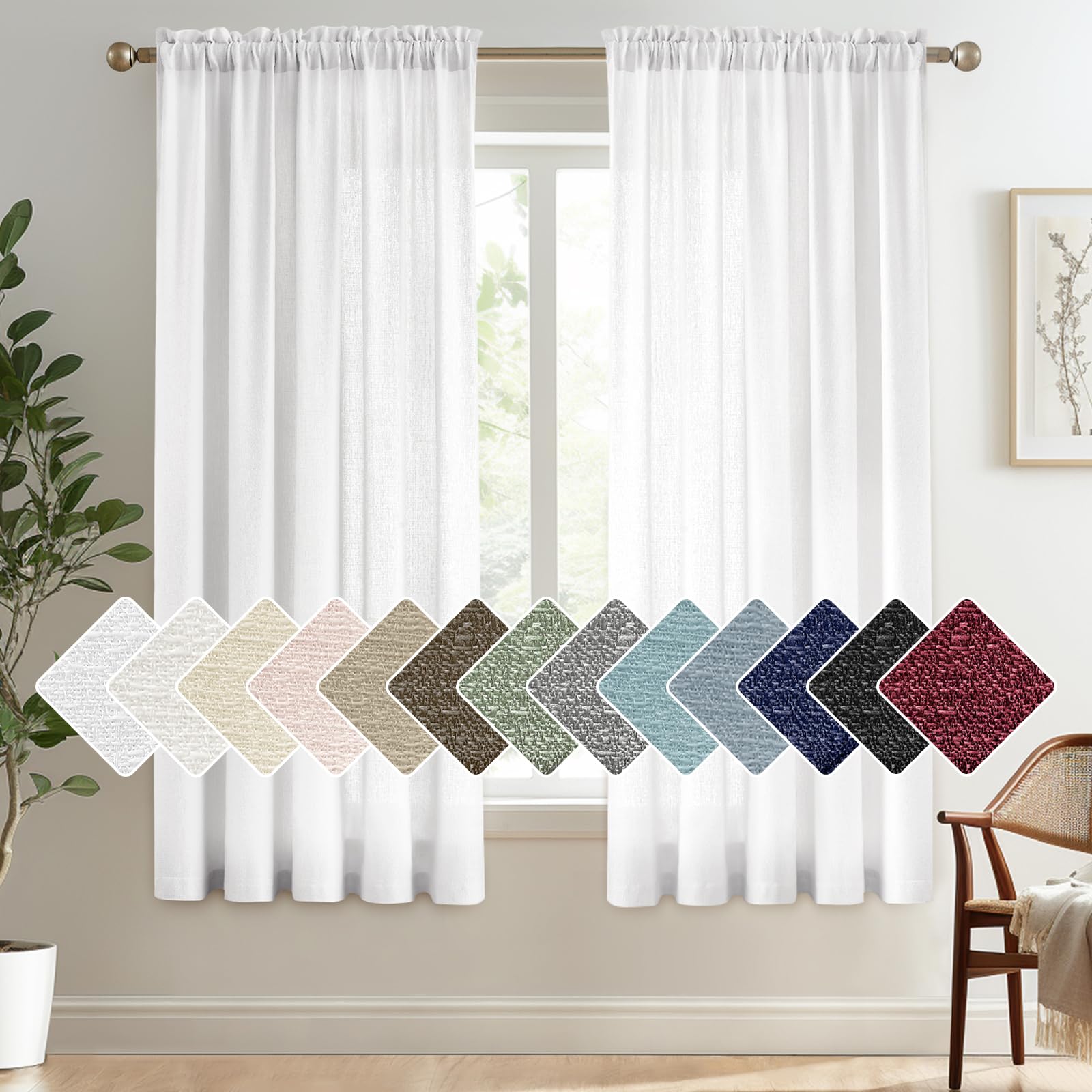 Melodieux White Semi Sheer Curtains 54 Inches Long, Bedroom Short Sheer Curtains, Faux Linen Farmhouse Light Filtering Rod Pocket Shiny Sheer Drapes