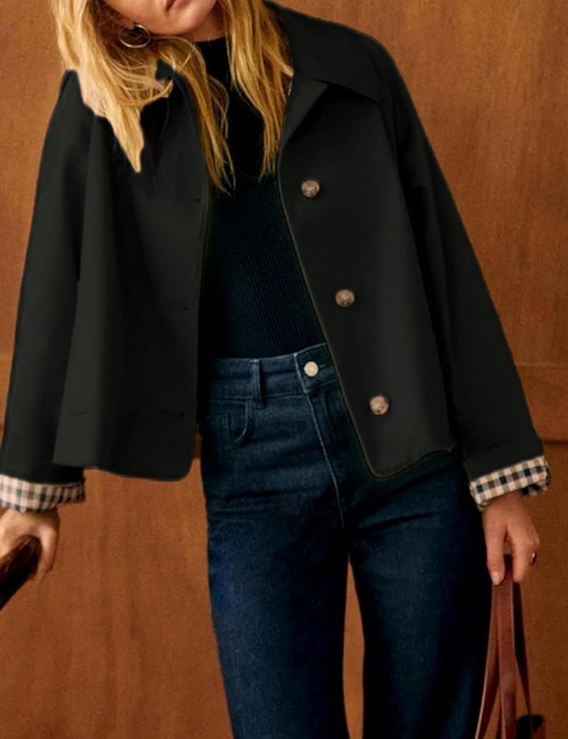 FSVABY Womens Short Plaid Trench Coat Lapel Button Down Jacket with Pocket - Image 3