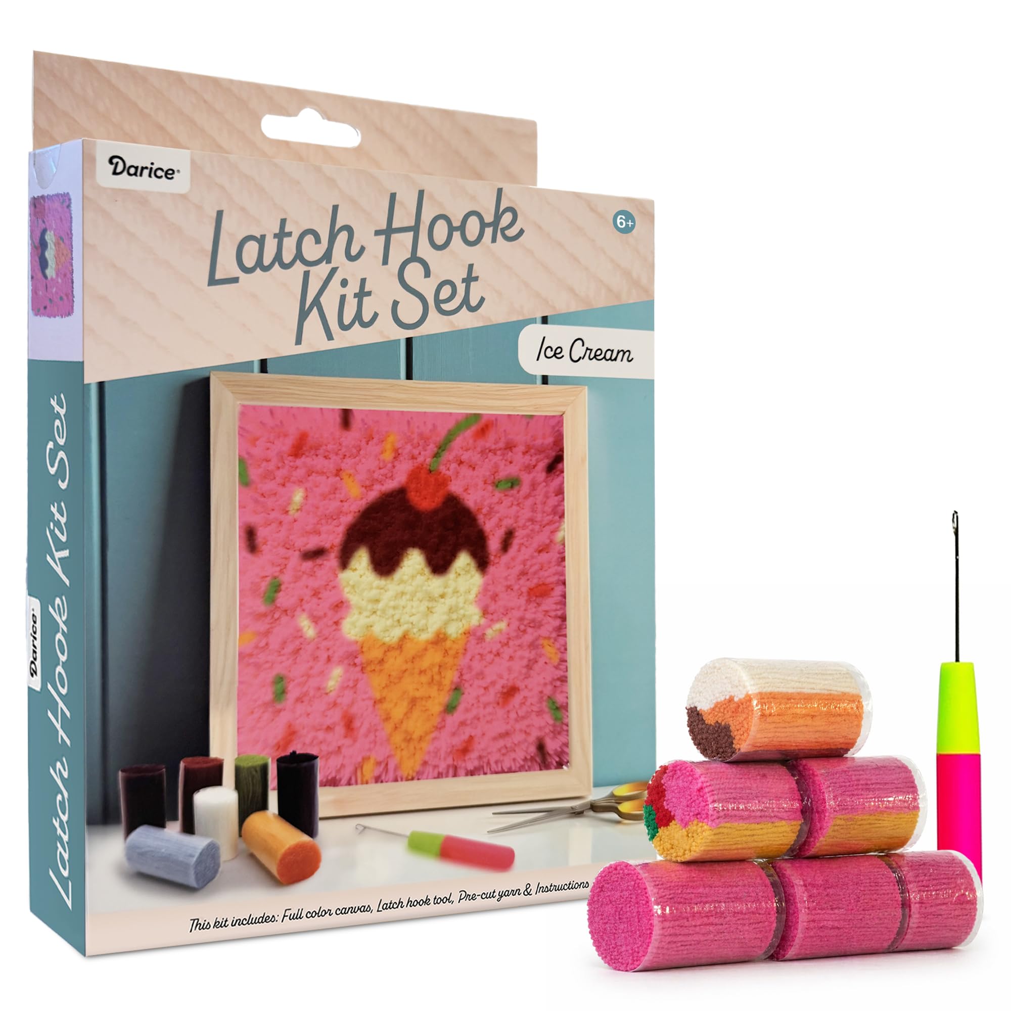 Darice Latch Hook Rug Kit, Ice Cream Design DIY Latch Hook Kit for Kids &amp; Adults, Color Canvas, PreCut Yarn &amp; Hook Tool, Craft Activity &amp; Gift for Kids