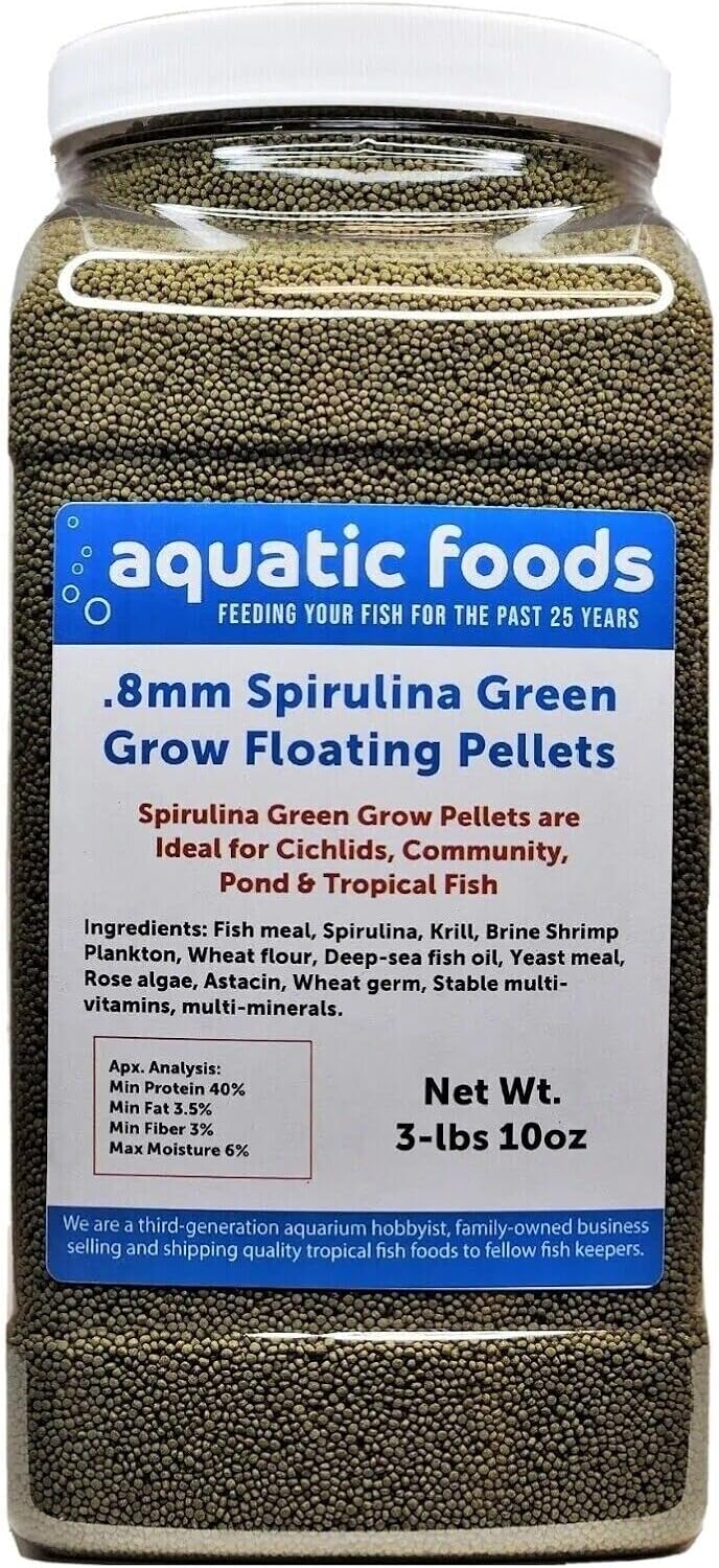 Aquatic Foods Inc. 0.8mm Spirulina Green Grow Floating Pellets for Baby Discus, Cichlids, All Tropicals, Koi and Pond Fish…3-lb &10oz Lg Jar