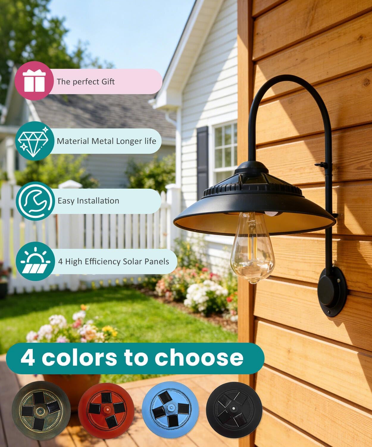 Goodeco Solar Barn Light with Motion Sensor - Metal Design Outdoor Lights - 4 High Efficiency Solar Panels with Clear Glass LED Edison Bulb, Perfect Chicken Coop Light & More (Black)