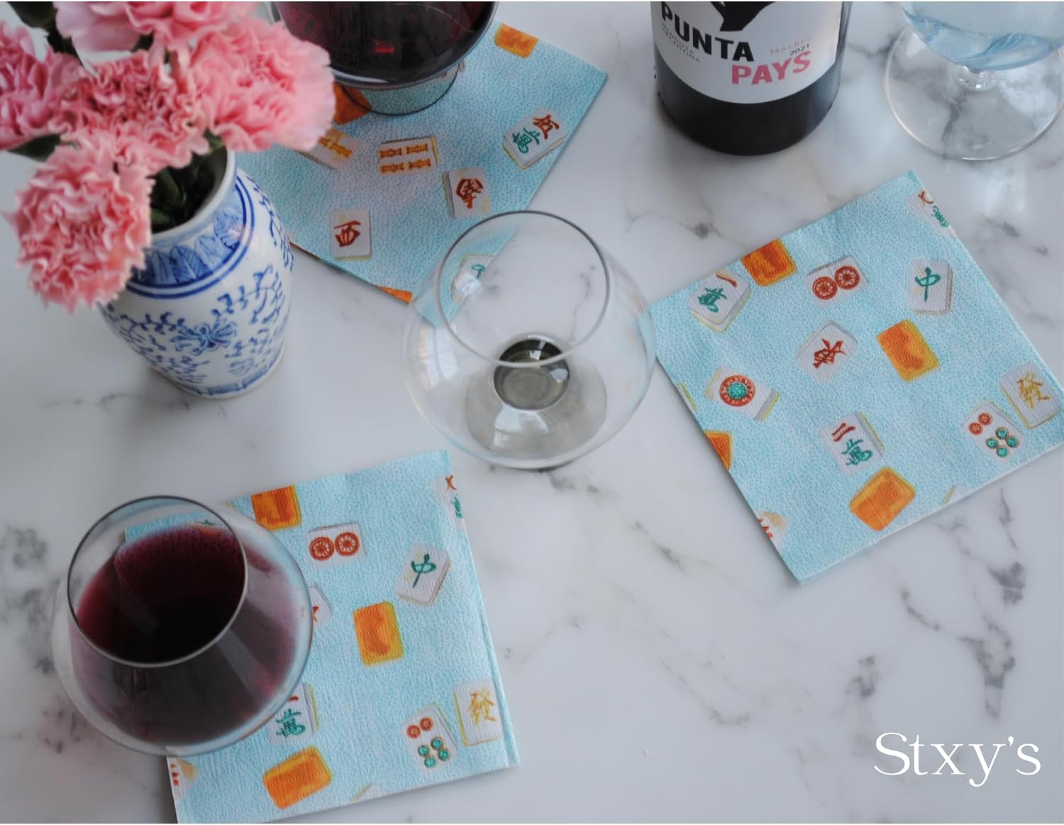 Stxy's Mahjong Cocktail Napkins – Decorative Party Favors & Accessories with Non-Toxic, Food-Grade & Transfer-Free Ink – Mahjongg Napkins for Decoupage, Gifts & Games – Aqua Teal & White, 50ct 5" x 5"