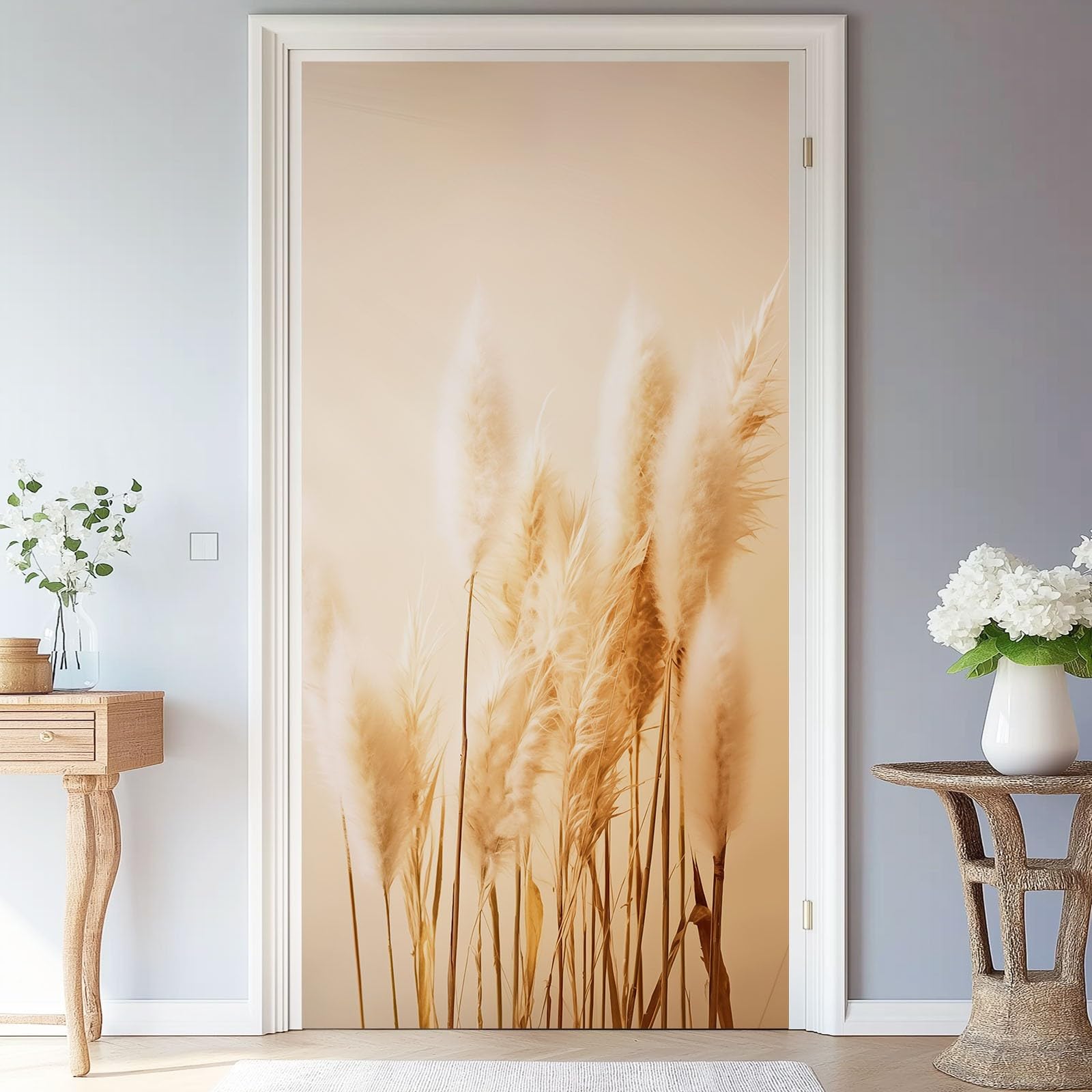 Autocollant Porte 77 x 200 cm Poster de Porte Stickers Muraux, Nature Plantes Herbe De La Pampa Photographie Beige - pour Décoration Mur Salon Cuisine Chambre Salle de Bain Papier