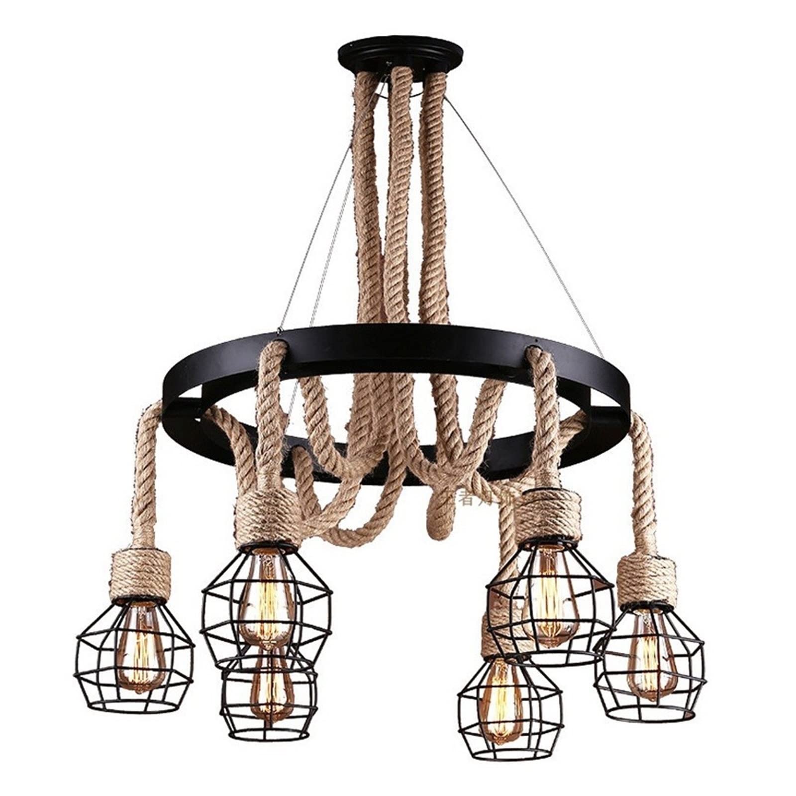Chandelier corde et cage de fer forgé noir à 6 lampes suspendues pour loft
