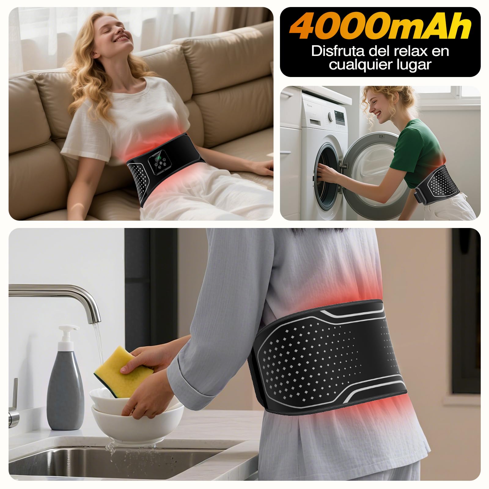 Cinturón de Masaje Lumbar con Calor Inalámbrico, Cojín Térmico Eléctrico con 3 Modos de Masaje por Aire y 4 Niveles de Temperatura para Aliviar el Dolor de Espalda, Ciática y Estrés