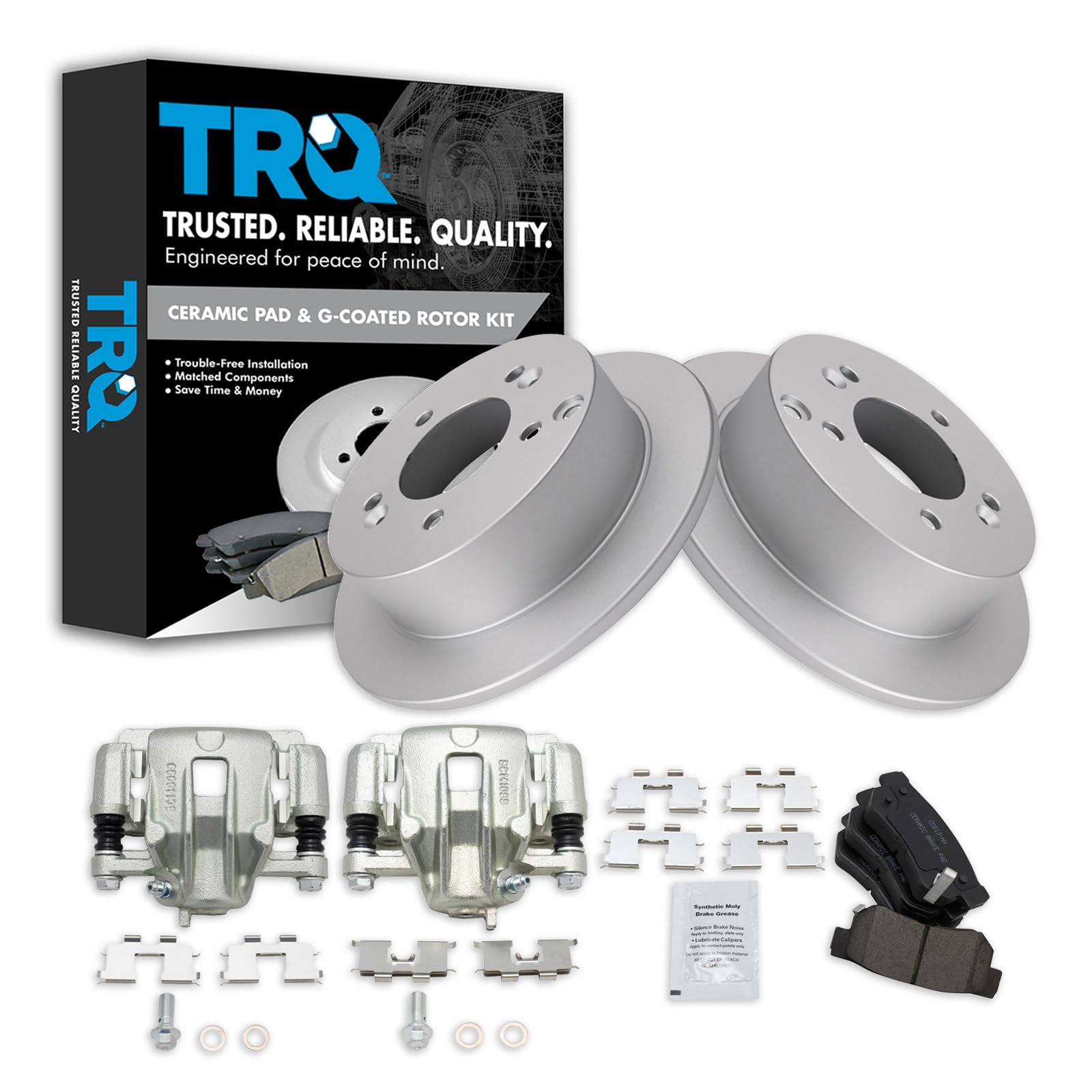 TRQ Rear Brake Pad and Rotor Set Ceramic G Coated Rotors Calipers