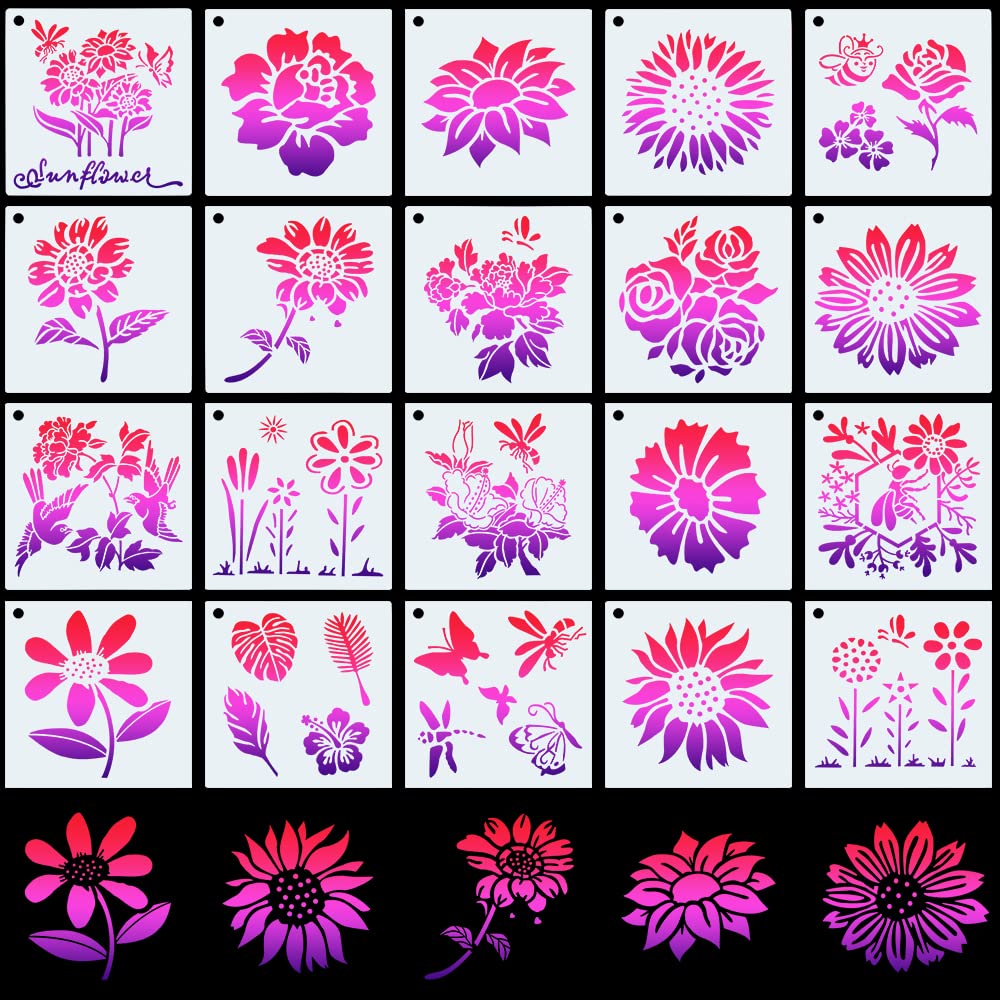 DanziX Sunflower Stencils for Painting, 20PCS Reusable Flower Stencils for Painting on Wood,Wall,Furniture,Canvas, Paper