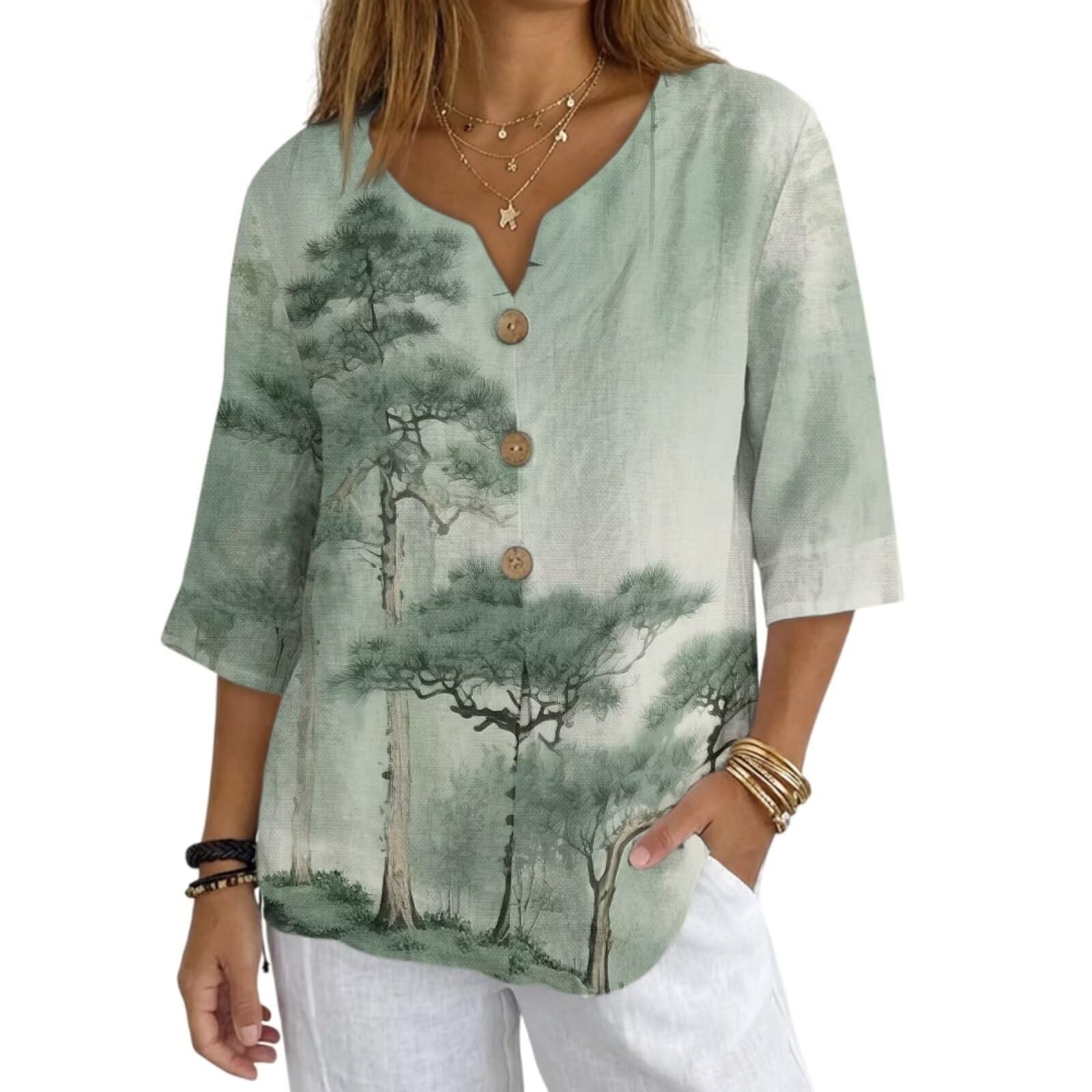 Women's V-Neck Tunic Top, Casual Polyester Linen Blouse with Decorative Buttons, Loose Fit Easy Care Everyday Wear