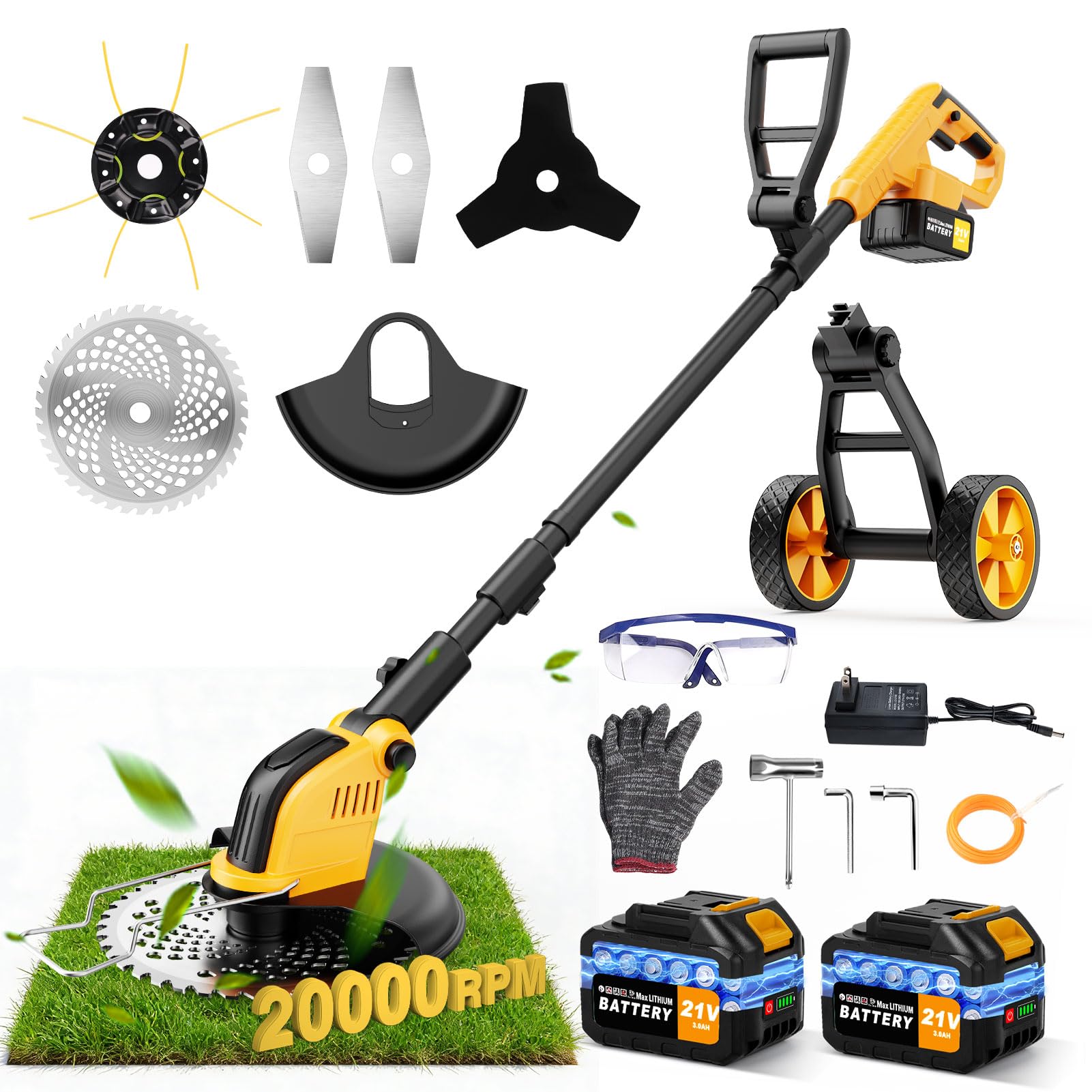 Photo 1 of 6000mAh Cordless Electric Weed Wacker, 12" Brushless Cordless String Trimmer, 4 in 1 Weed Eater/Brush Cutter/Weed Trimmer with 2*Batteries Powered & Auxiliary Wheels, Grass Trimmer for Yard Care