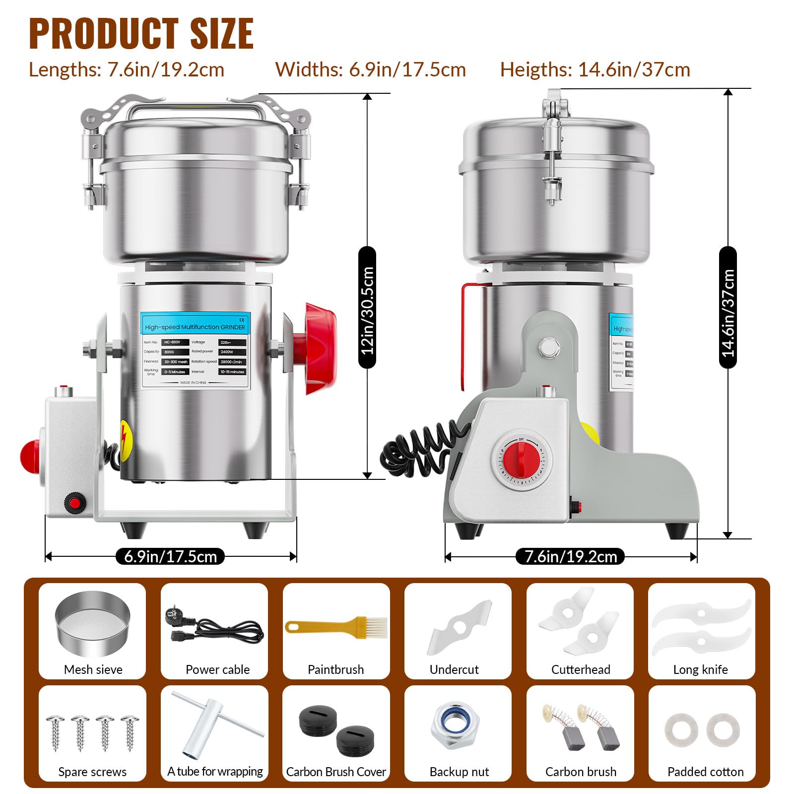 Moulin à Grains Électrique 800g, Broyeur à Grains 2400 W à Haute Vitesse, Machine à Poudre Commerciale avec Protection Contre les Surcharges Pour Céréales Sèches, Riz, Grains de Maïs