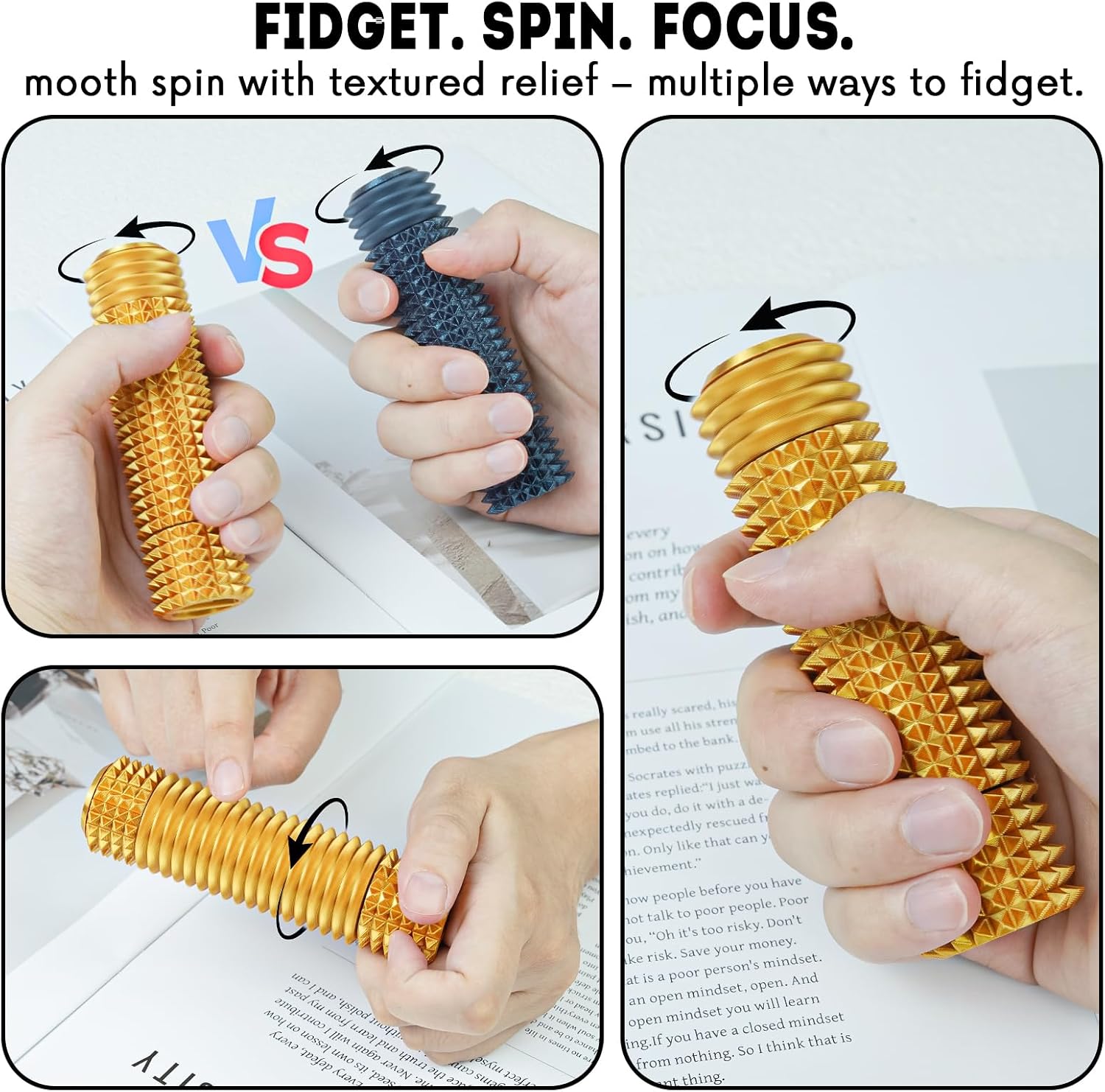 Fidget Roller Adults Teens Sensory Little Stim Gadget for Anxiety Relief Mild Ouchie,Desk Focus Tool Portable Hand Spinner Gifts Idea White Elephant Stocking Christmas(Gold,Full Grip)