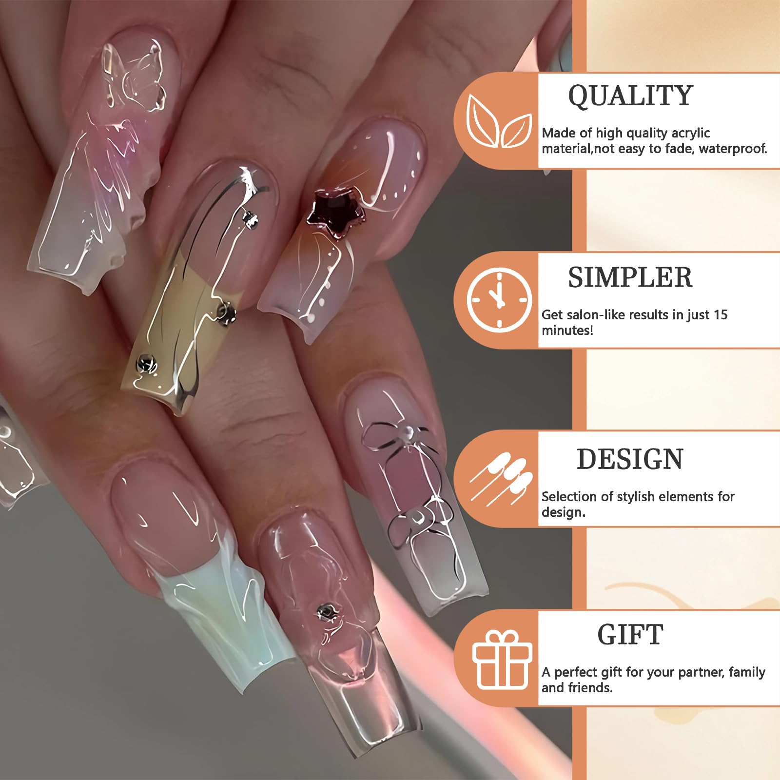 GlamRays French Press on Nails Square Butterfly Pearls Long Nail Press Ons 3D Stripe Design False Nails Full Cover Artificial 24 PCS - Image 4