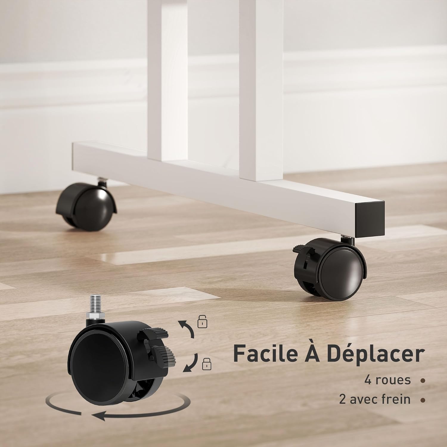 Close-up image of the HOMCOM Sit/Stand Desk's casters, highlighting the locking mechanism on two of the wheels.