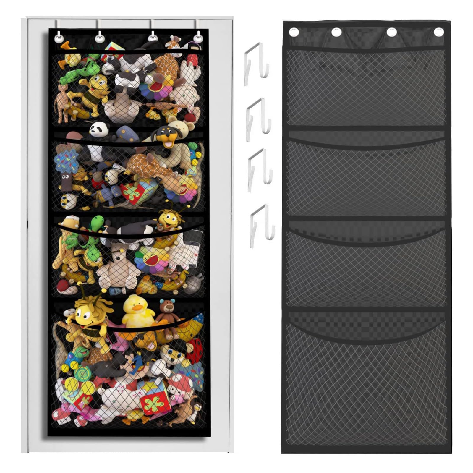 Sayudar Over Door Toy Storage - Stuffed Animal Storage with 4 Pockets 4 Metal Hooks, Breathable Hanging Organisers Plush Net for Wardrobe, Nursery, Bedroom, Bathroom, Stuffed Animal Toy (Black)