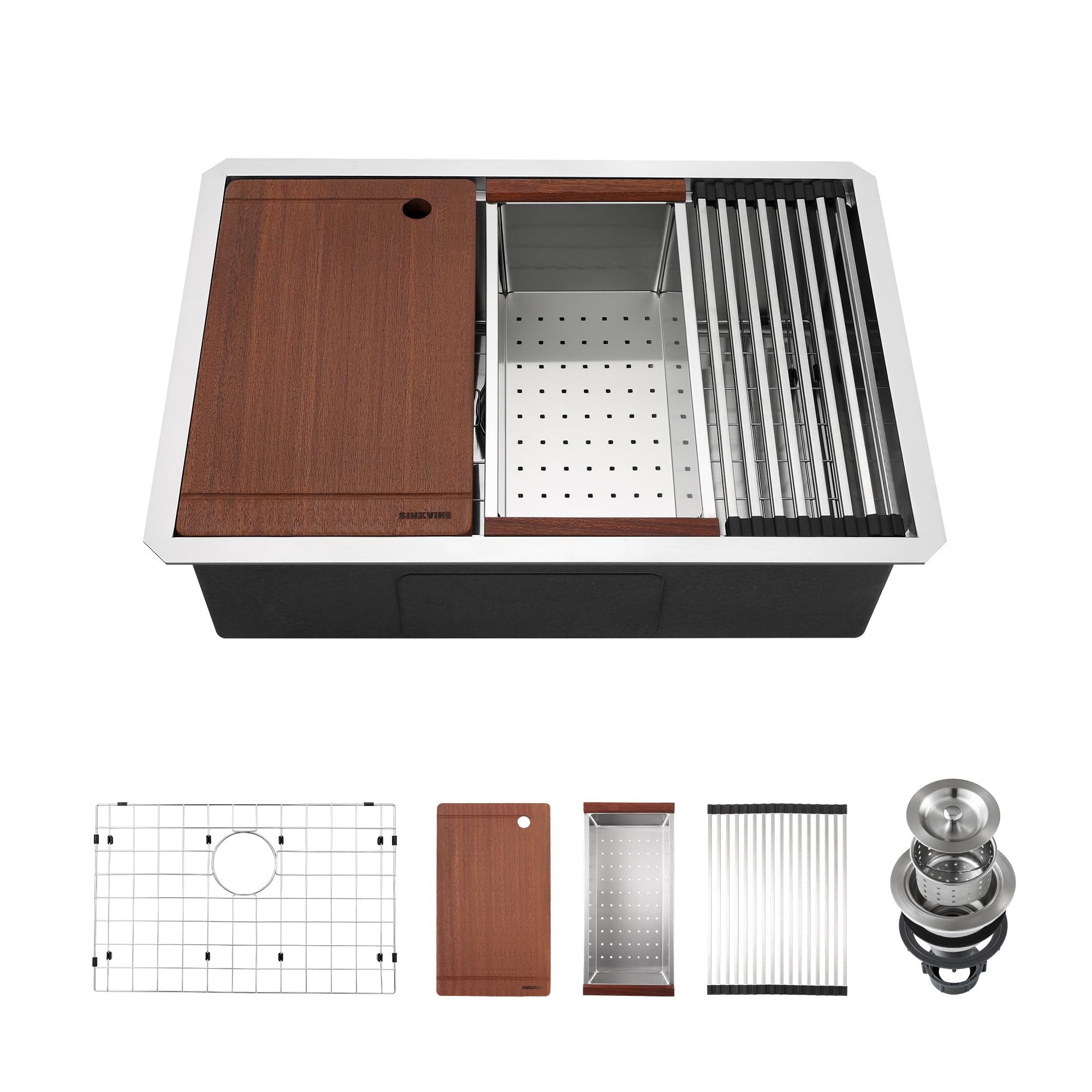Estación de trabajo para fregadero de cocina de 27 pulgadas, fregadero de 25 x 19 pulgadas, fregadero de acero inoxidable con tabla de cortar de madera de sapele, colador SST con mango de