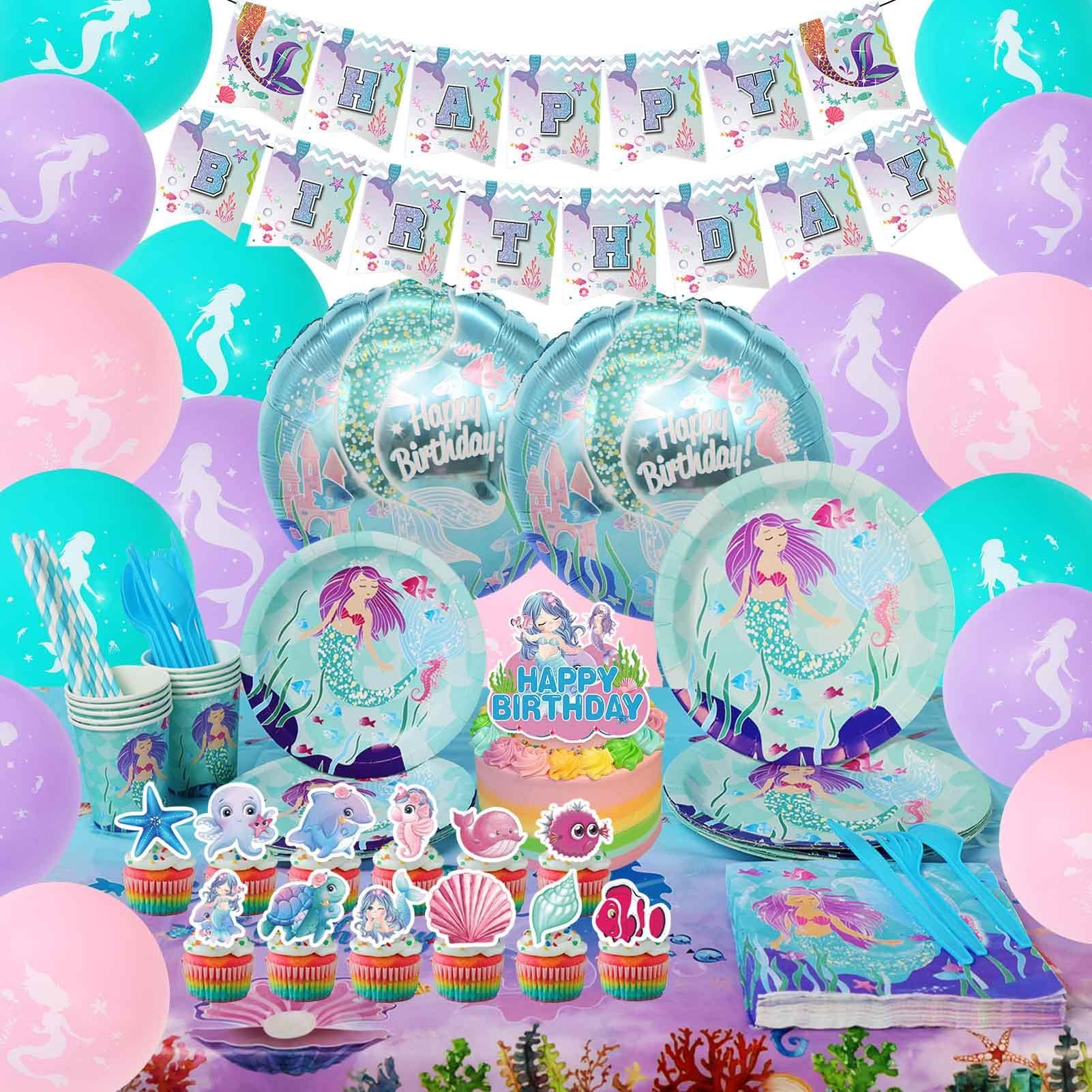 Humfoo Mermaid Birthday Party Supplies for Child Girl Boy Plates and Napkins Cups Straws Tablecloth Happy Birthday Banner Cake&Cupcake Toppers Balloons Foil Balloons